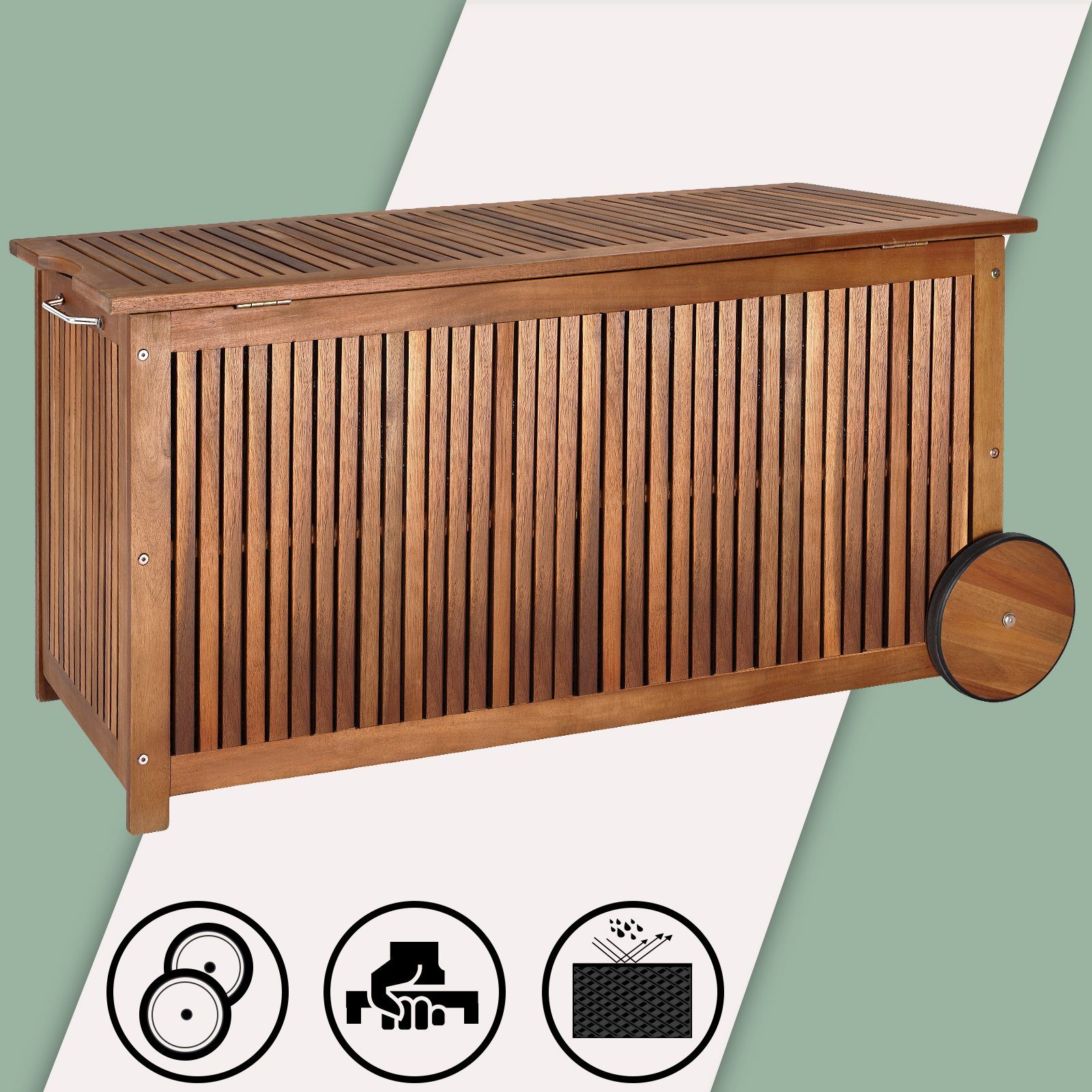 Casaria Auflagenbox, Holz 350L Deckel 160kg belastbar Räder Griff Innenplane Garten Akazie