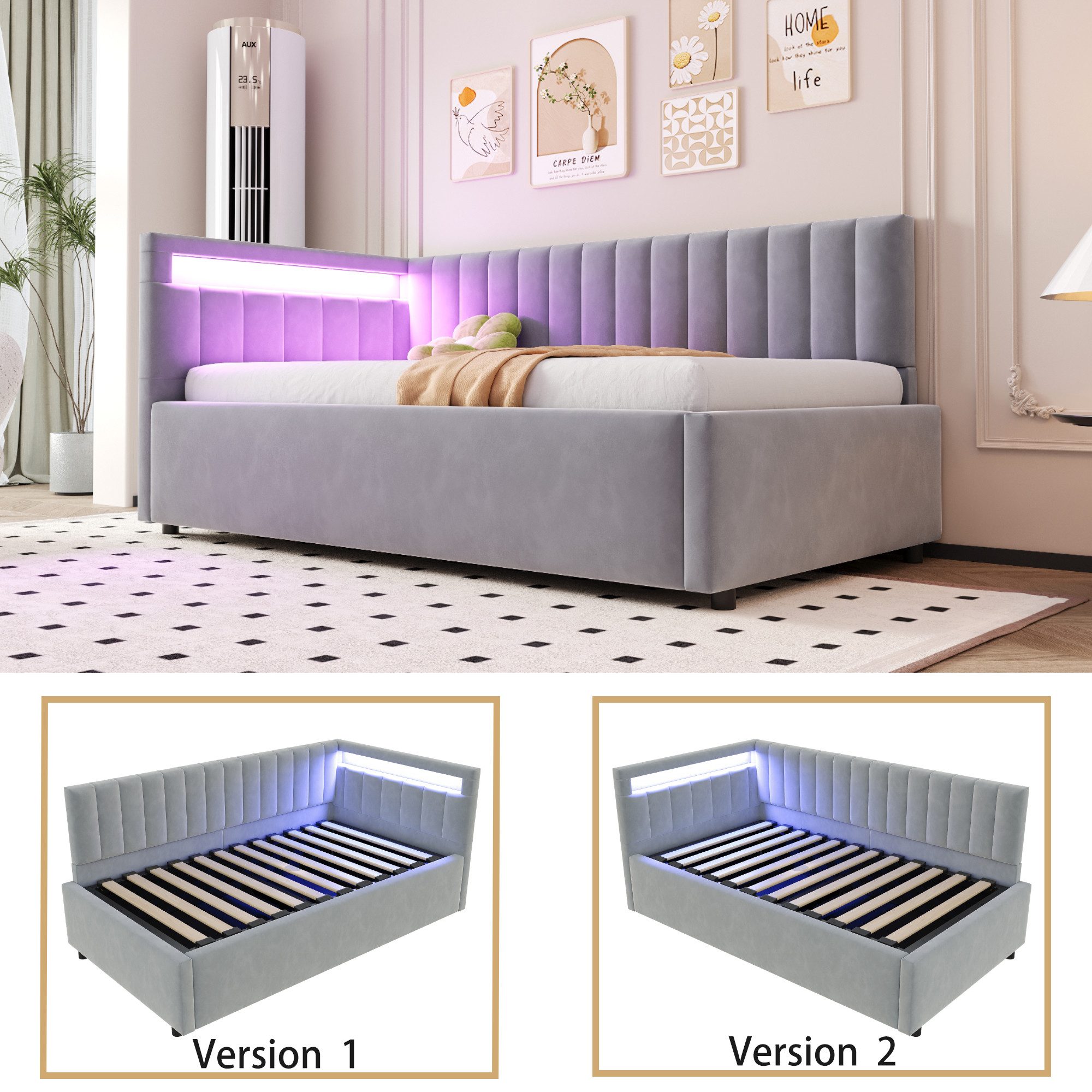 Odikalo Stauraumbett Einzelbett mit Bettkasten und Gasdruckfeder, LED-Beleuchtung 90x200 cm – Bild 4 von 5