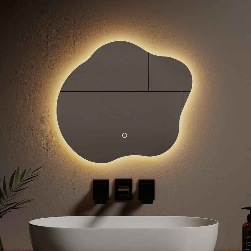 EMKE Badspiegel mit Beleuchtung Unregelmäßiger Spiegel Rahmenloser Wandspiegel, 3 Farben des Lichts, Antibeschlag,Vertikal/Horizontal Installation