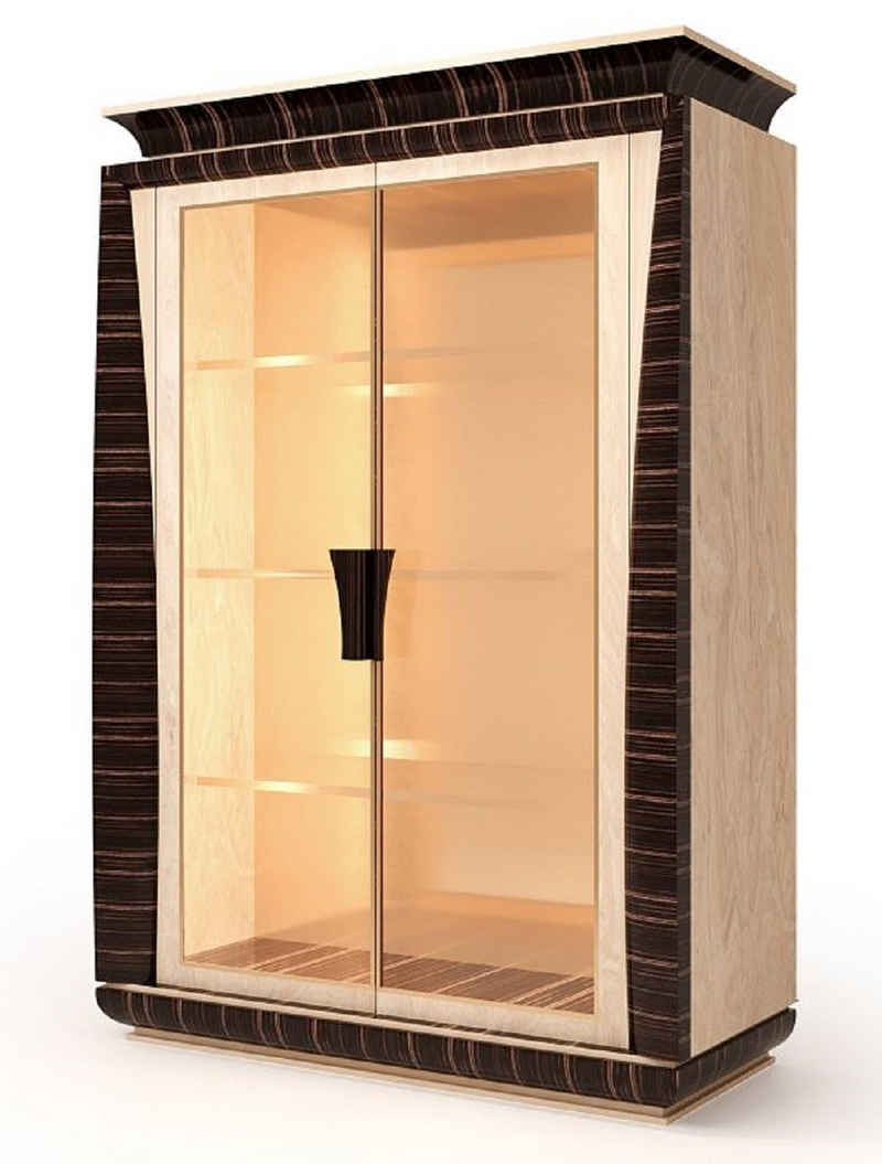 Casa Padrino Vitrine Luxus Vitrine Naturfarben / Dunkelbraun 139 x 61 x H. 205 cm - Massivholz Vitrinenschrank mit 2 Glastüren - Wohnzimmer Möbel - Hotel Möbel - Luxus Qualität - Made in Italy