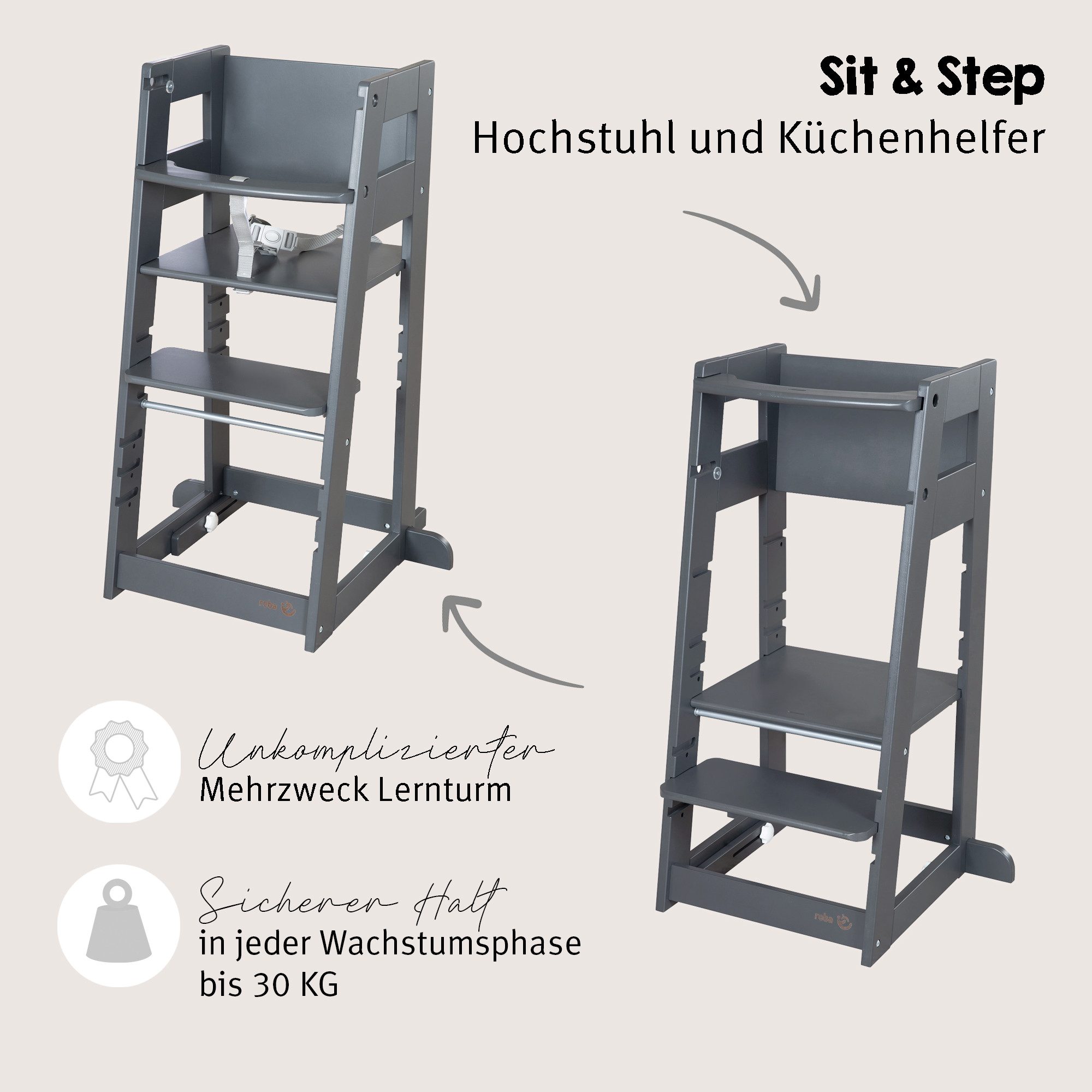 roba® Hochstuhl & Lernturm "2 in 1 Sit & Step" - Aus Holz - Montessori, mit Kippschutz - – Bild 2 von 5
