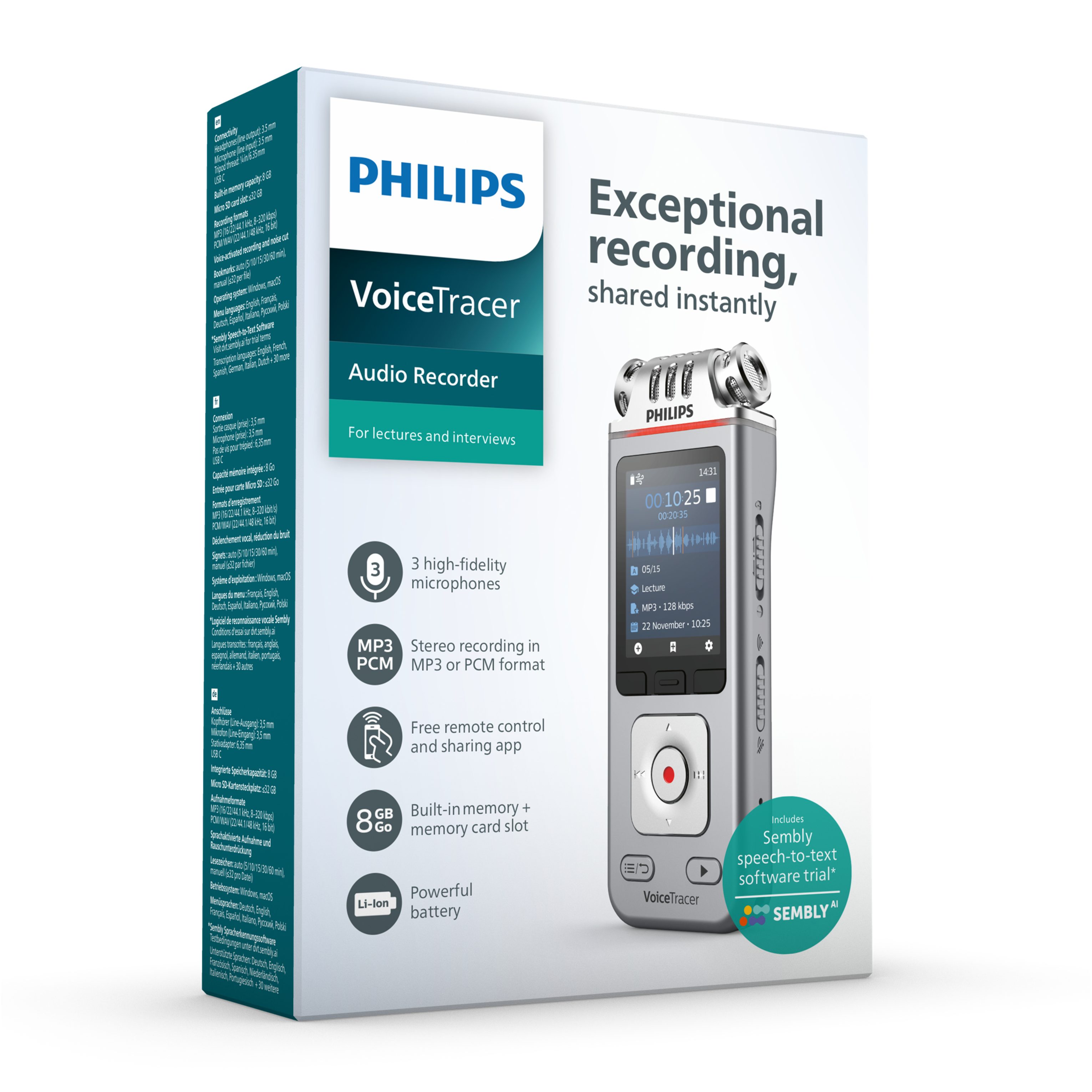 Philips DVT4115 Audiorecorder Digitales Diktiergerät (3 High-Fidelity-Mikrofone, Smartphone-App, Sembly AI Spracherkennung)