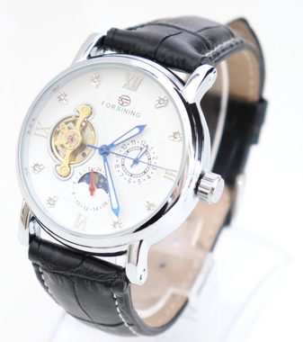 Rötting Design Automatikuhr Herrenuhr Automatikuhr offene Unruhe weißes Ziffernblatt Lederarmband, Tag/Nacht Phasen Anzeige