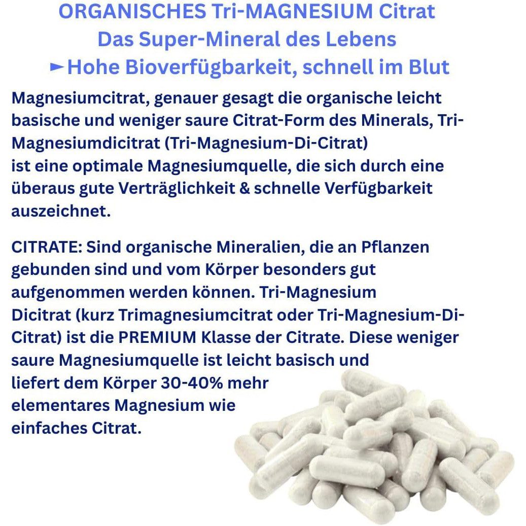 VitalLeben Tri-Magnesiumcitrat organisch hohe Bioverfügbarkeit ohne Zusätze Kapseln, 4 er Dose à 180 St., 468 g, Art. 27140-720