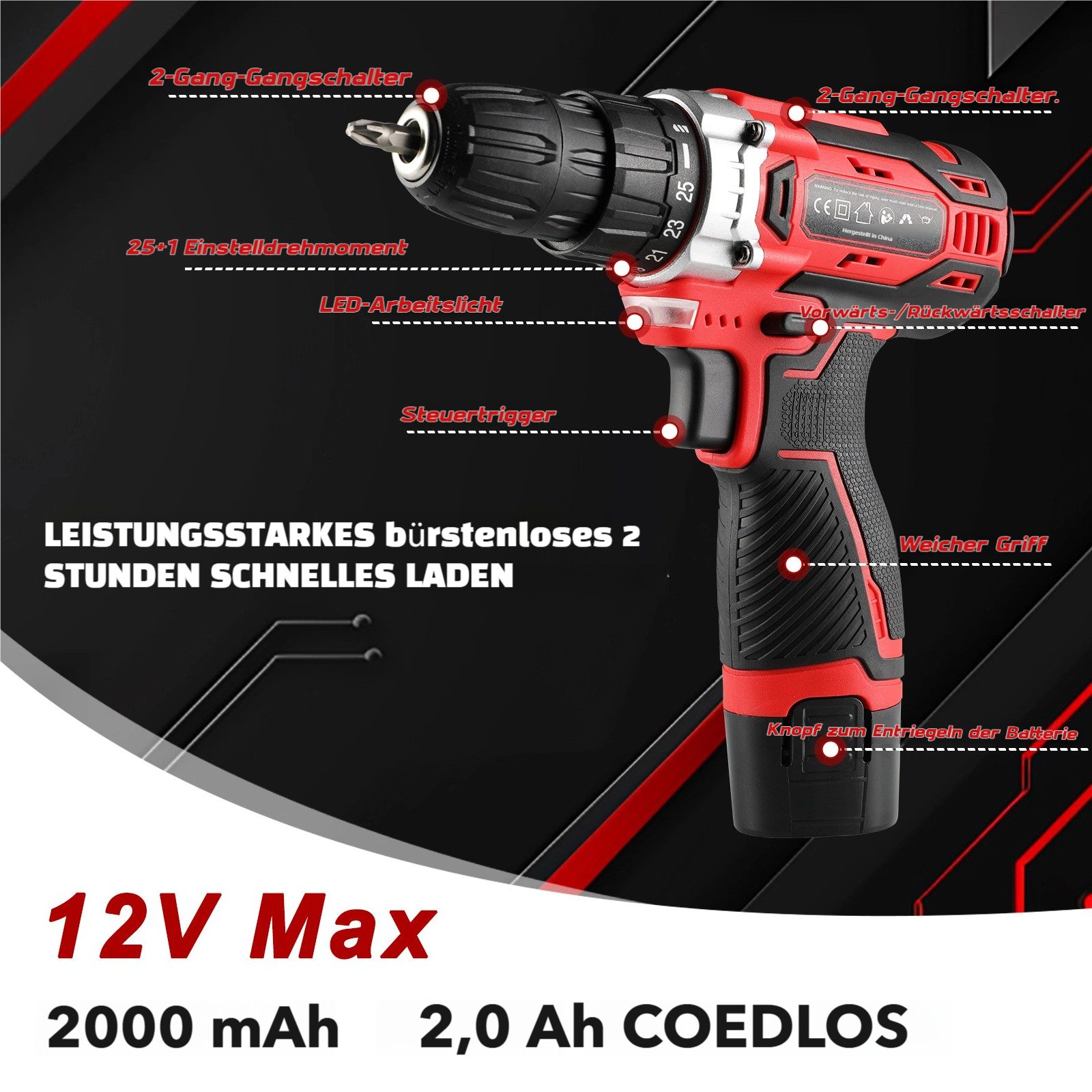 TLGREEN Akku-Bohrschrauber,12V Akkuschrauber Set,Akkubohrer mit 138PCS Werkzeugkoffer, max. 1500 U/min, (Set, 25+1 Drehmomentstufen + 2-Gang-Getriebe, LED Licht), für Holz, Metall & Heimwerkerprojekte