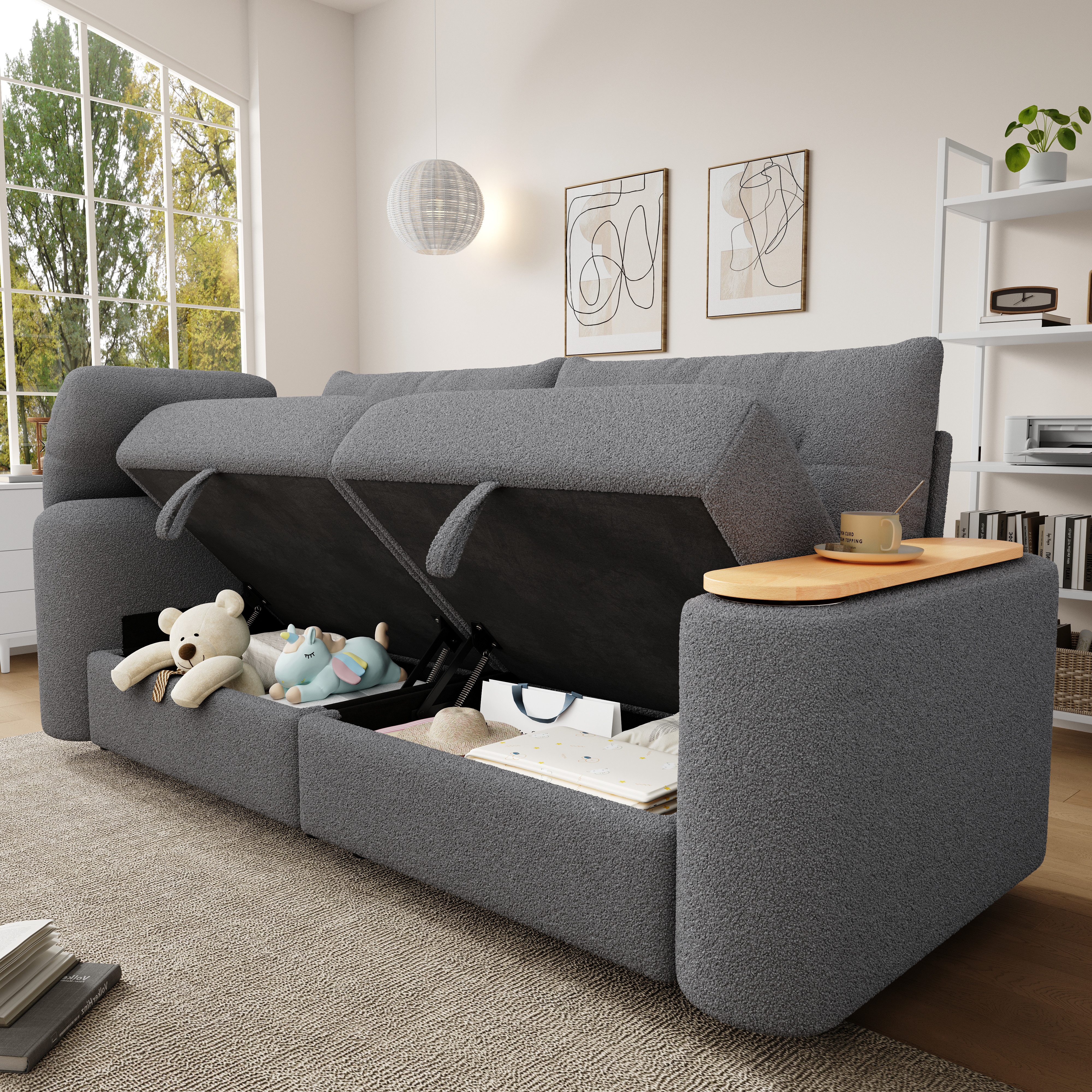 MODFU Schlafsofa Modulare Schlafcouch mit integriertem Beistelltisch, 207,5x80x87 cm, Bezug aus weichem Teddyplüsch, kompakte mit Stauraum 1 Teile, als vielseitiger und kuscheliger Mittelpunkt für kleine Wohnungen