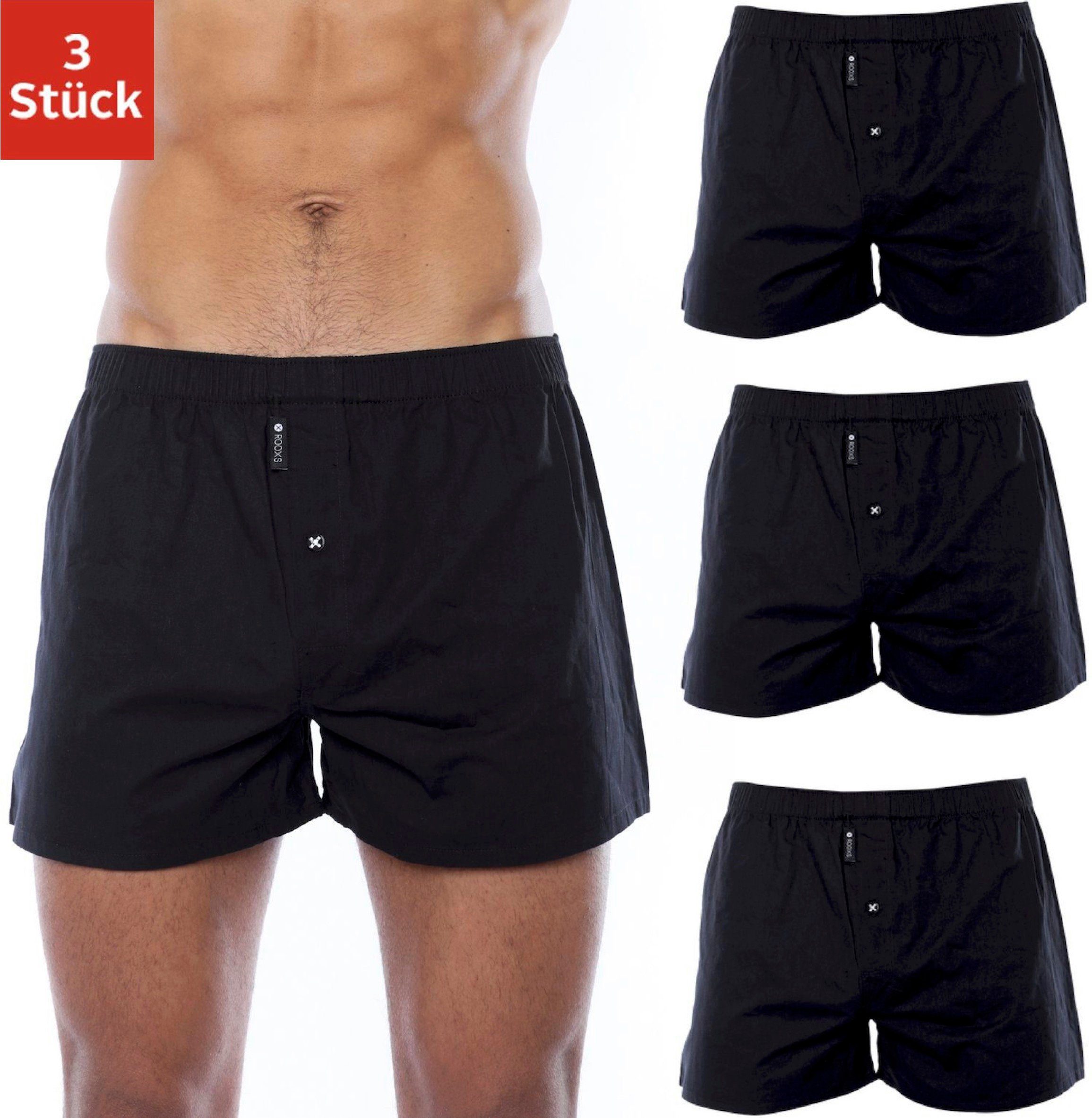 ROOXS Weiter Boxer Weite Herren Boxershorts mit Eingriff (3-St) Männer Unterhosen aus 100% Baumwolle, weit geschnitten Schwarz