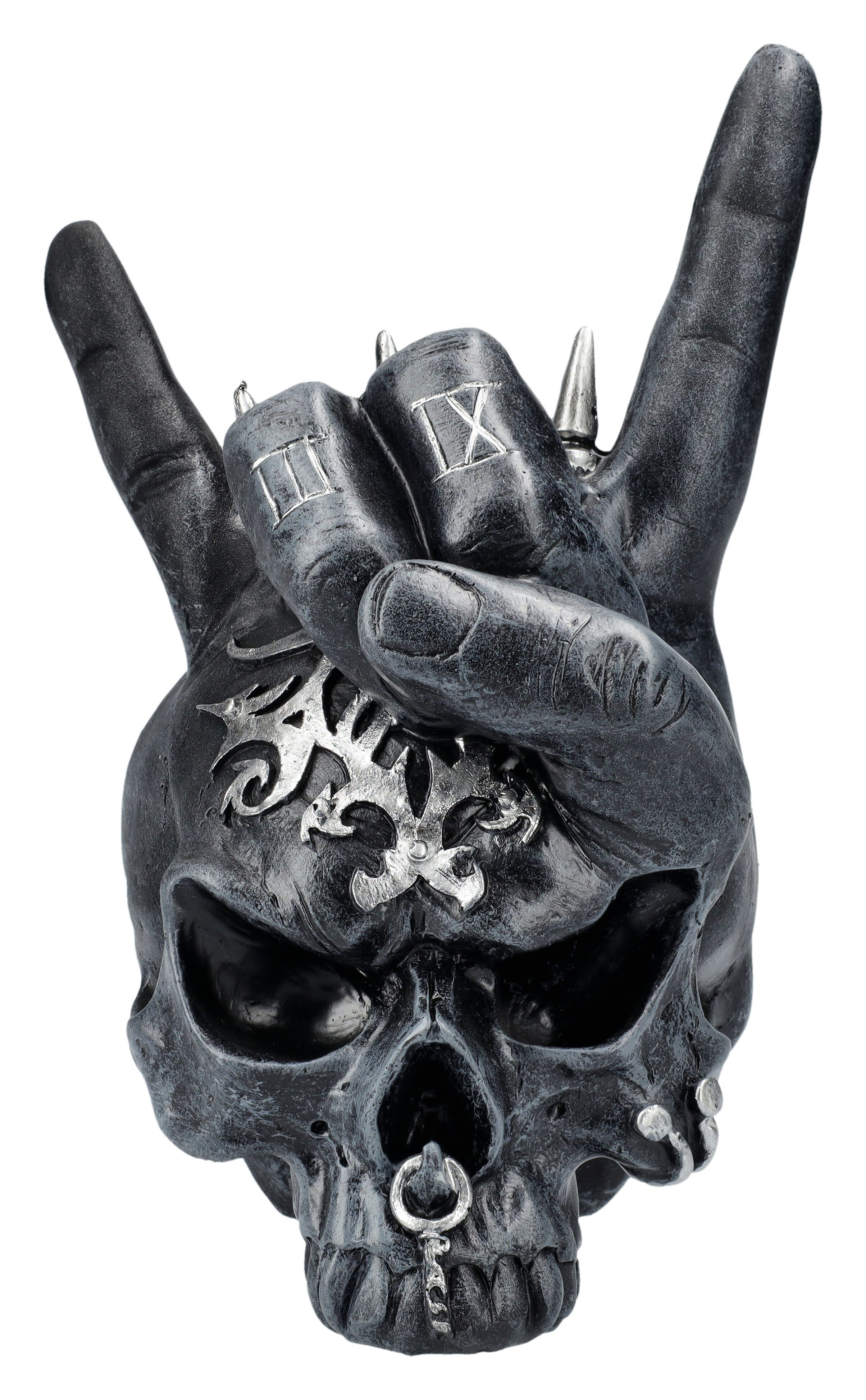 Dekofigur Horns Up Totenkopf – Metal Skull Figur Dekoschädel 17.5cm Totenschädel