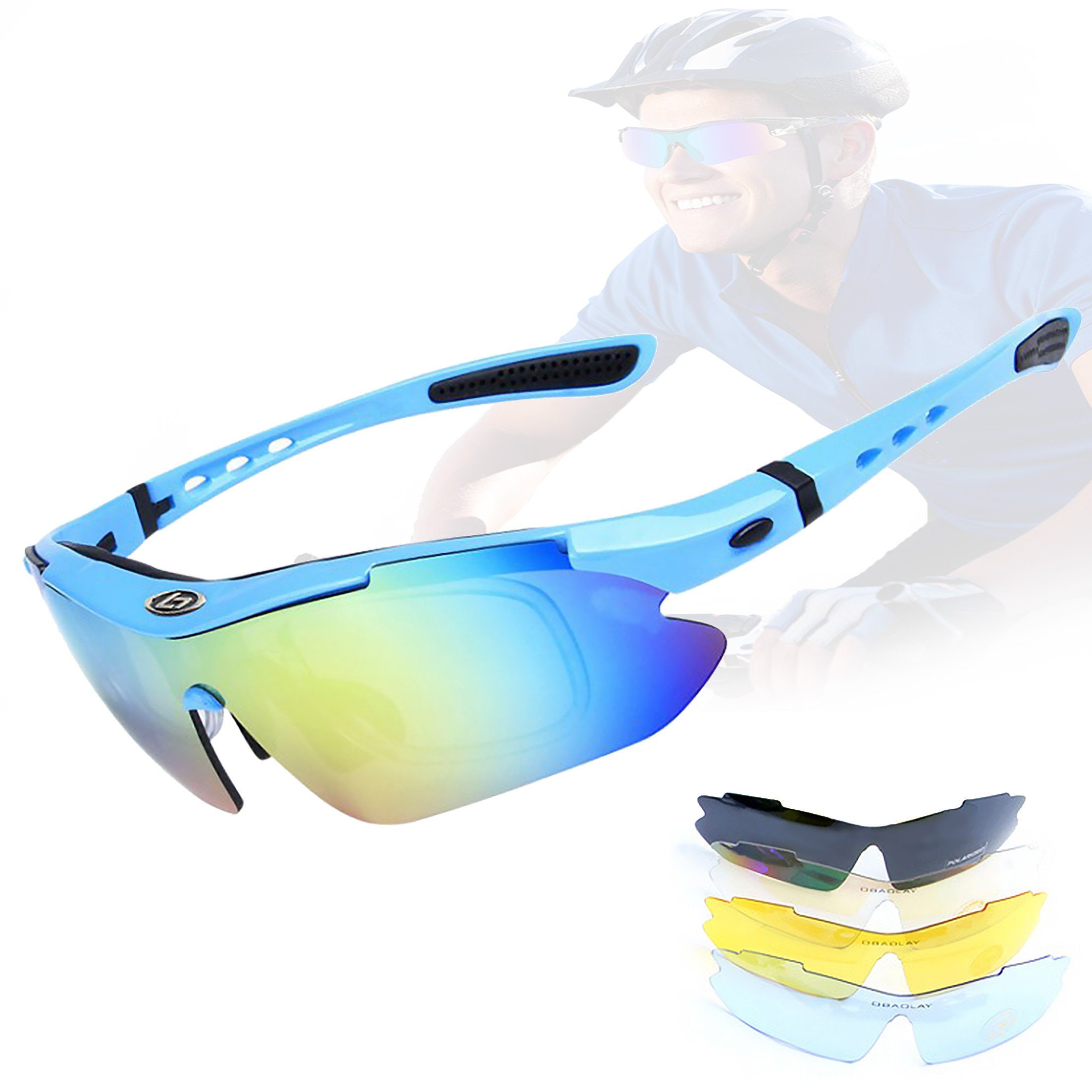 LeiGo Fahrradbrille Radsportbrille, polarisierte Sonnenbrille, Radsportbrille, Sportbrille, UV-400-Schutz für Männer und Frauen mit 4 austauschbaren Gläsern Fluoreszierendes-Blau