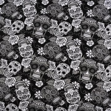 SCHÖNER LEBEN. Stoff Baumwolljersey Jersey Totenköpfe Blumen schwarz weiß grau 1,45m