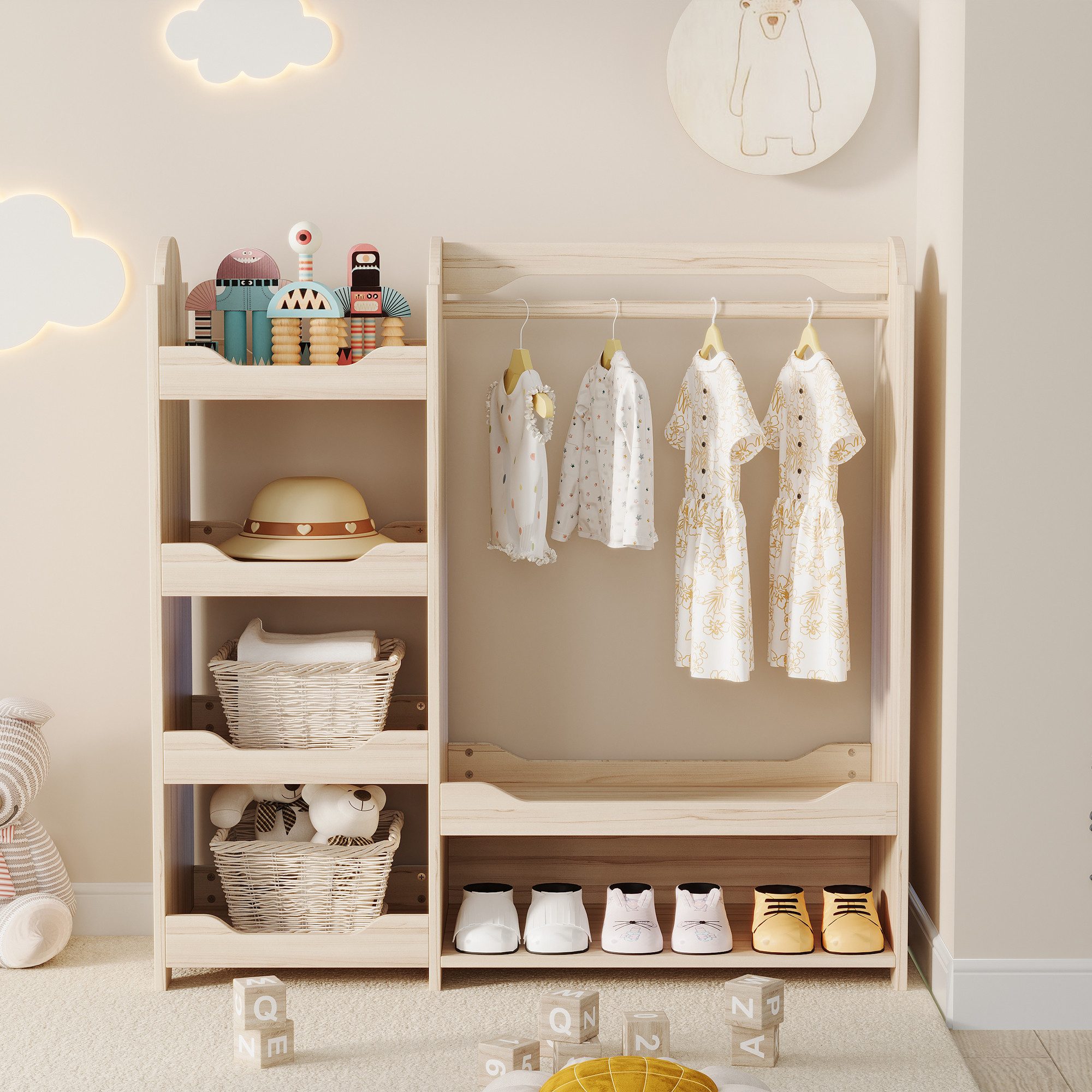 Flieks Garderoben-Set, Kleiderständer Kindergarderobe mit Stange und 4 Regal 110x39x110cm