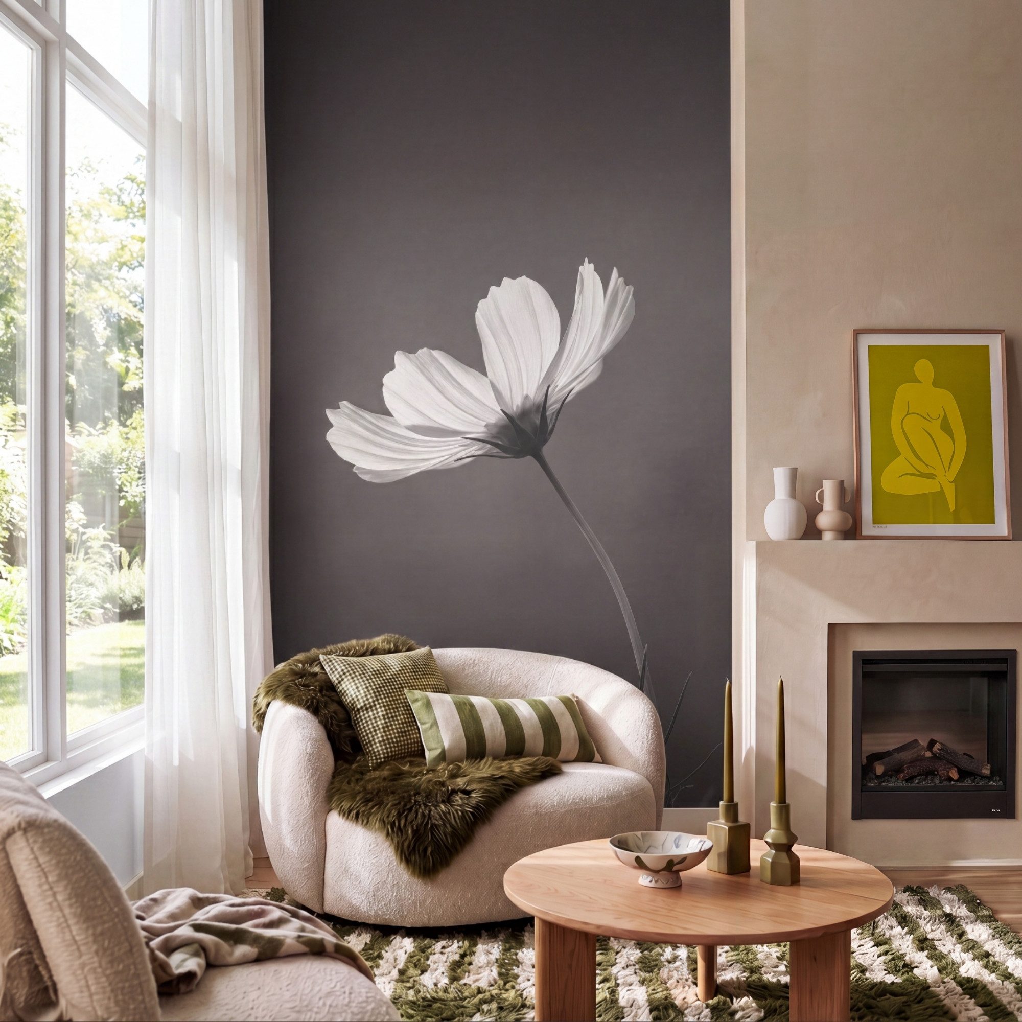 OnlyWow Fototapete Blume - Minimalistisch - Schwarz - Weiß, Matt, bedruckt, Modern, Wanddekoration, Wohnzimmer, Wandtapete 120x200cm