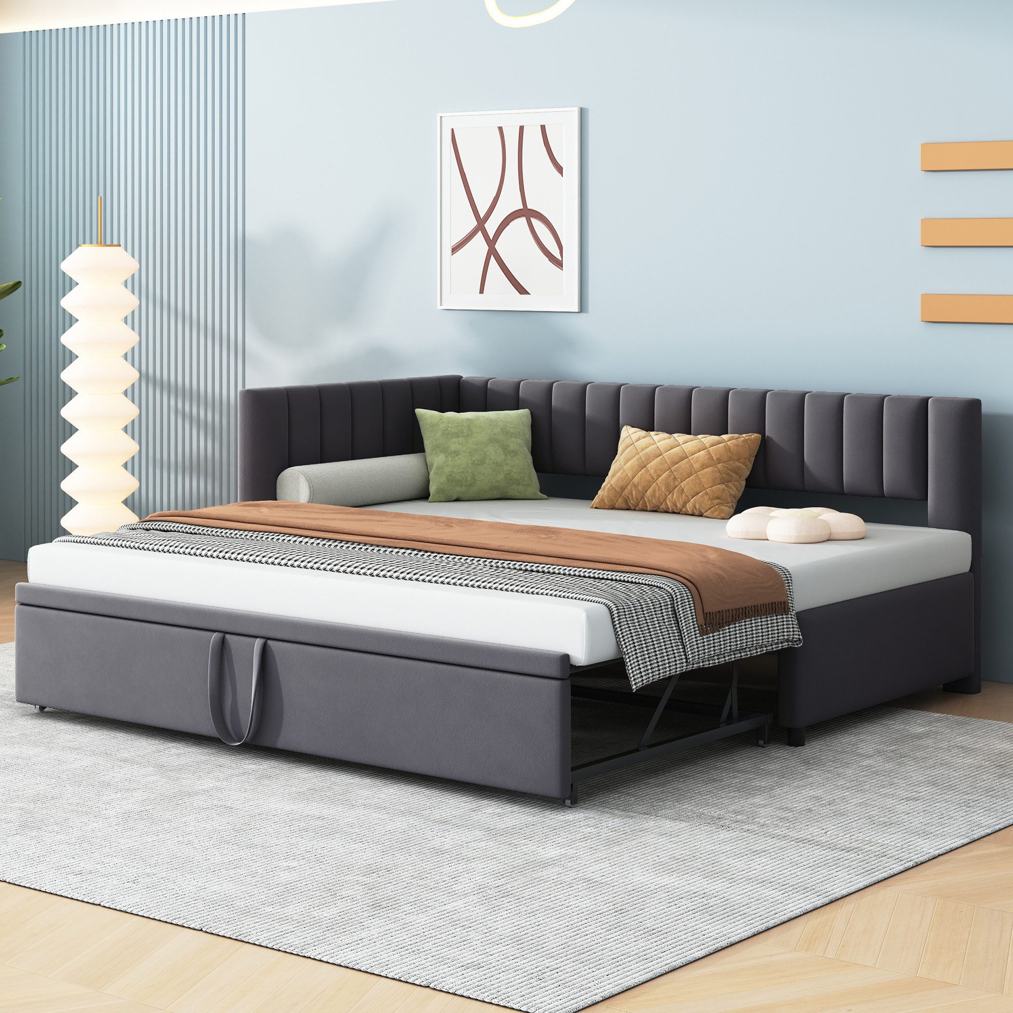 Odikalo Schlafsofa Ausziehbett Polsterbett Daybett Samtstoff 90/180x200cm Grau/Dunkelgrau, Schlaf Couch