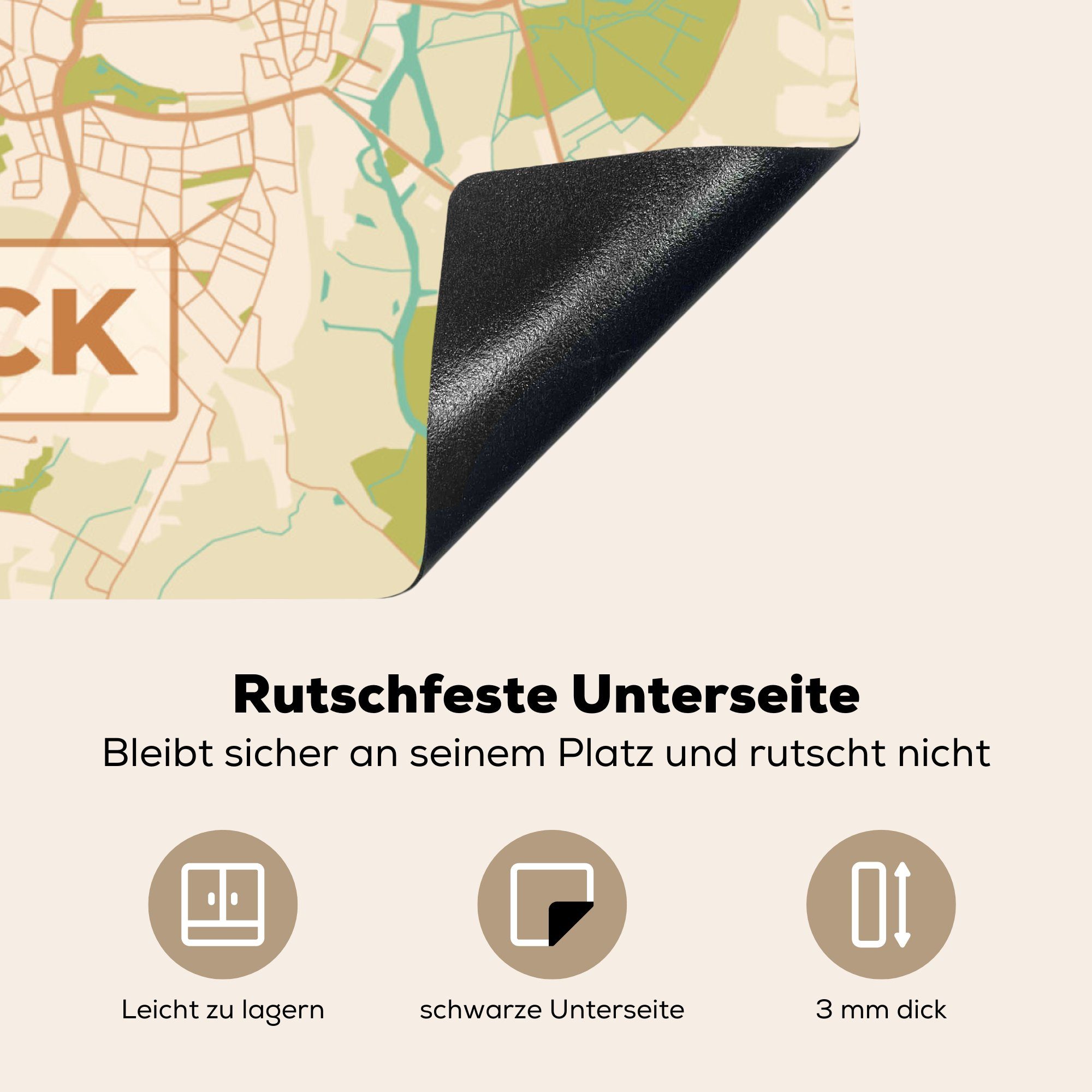 Vintage Arbeitsplatte Rostock - Karte Vinyl, Stadtplan, (1 78x78 küche - Herdblende-/Abdeckplatte tlg), Ceranfeldabdeckung, MuchoWow - für cm,