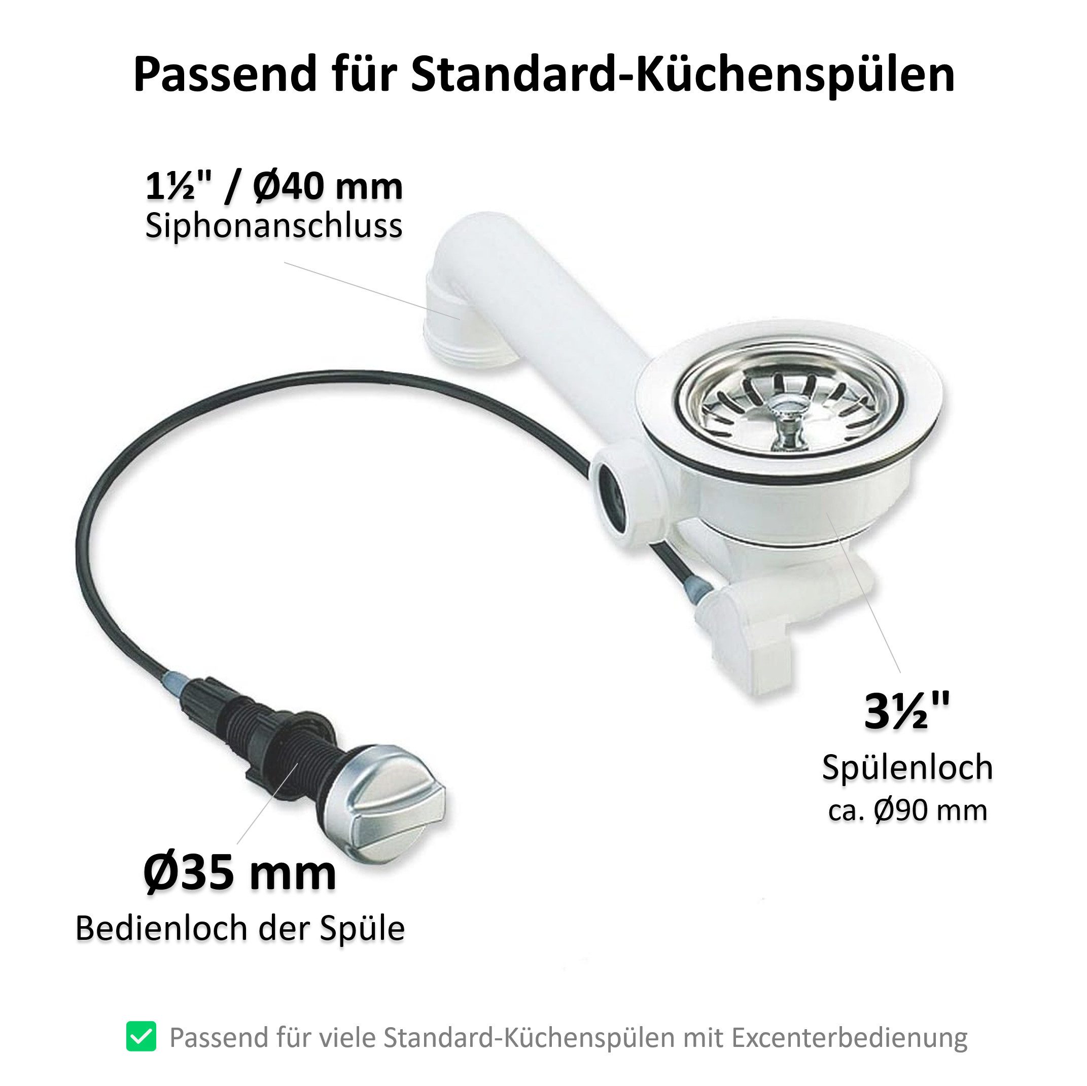 keenberk Anschluss-Set Spülenablauf Siebkorbventil 3 1/2" Ø 114 mm mit Seil-Drehbetätigung