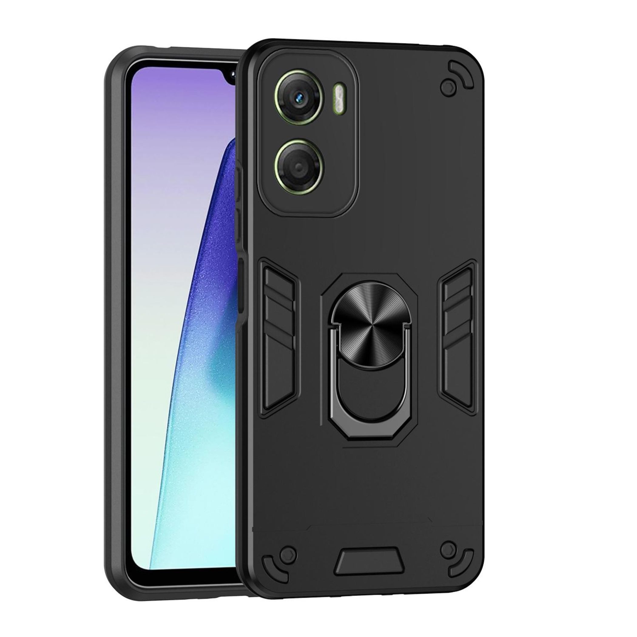 Wigento Handyhülle Magnet Ring für Motorola Moto G06 4G Armor Schutz Schwarz, Stoßfeste Hülle mit 360-Grad-Ringhalter