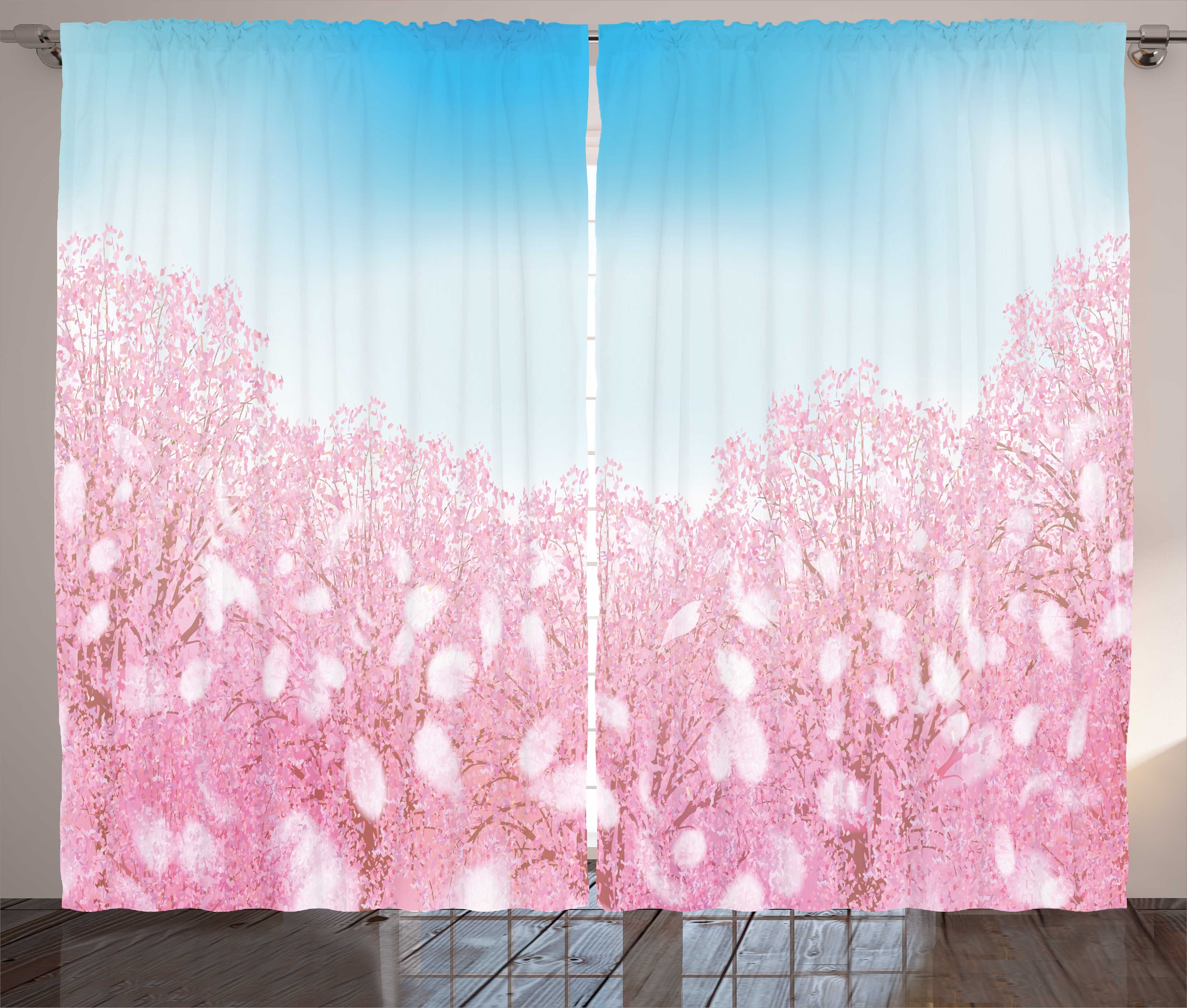 mit Schlaufen Kirschblüten-Ansicht Abakuhaus, Und Haken, Vorhang Schlafzimmer Gardine Kräuselband Pink Blau und