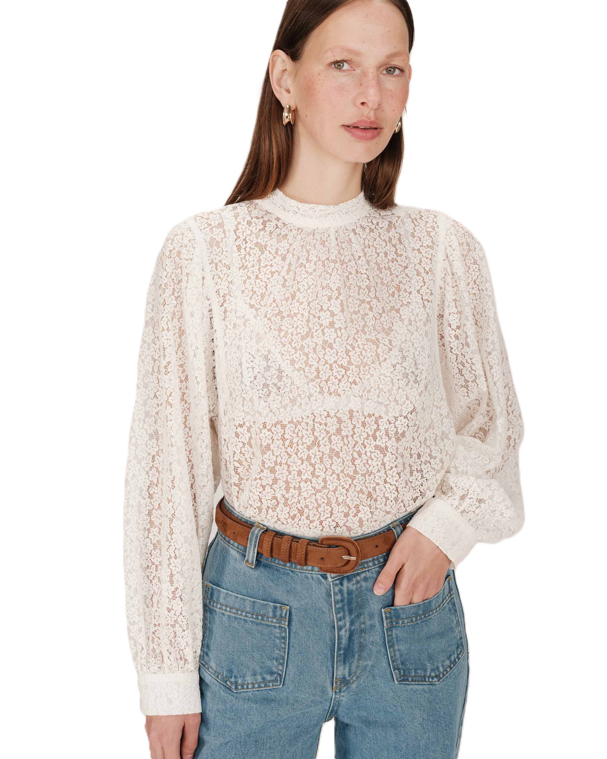 Grace & Mila Langarmbluse Tie-neck Blouse SICILIA ? Spitzenbluse ? Bluse mit Stehkragen