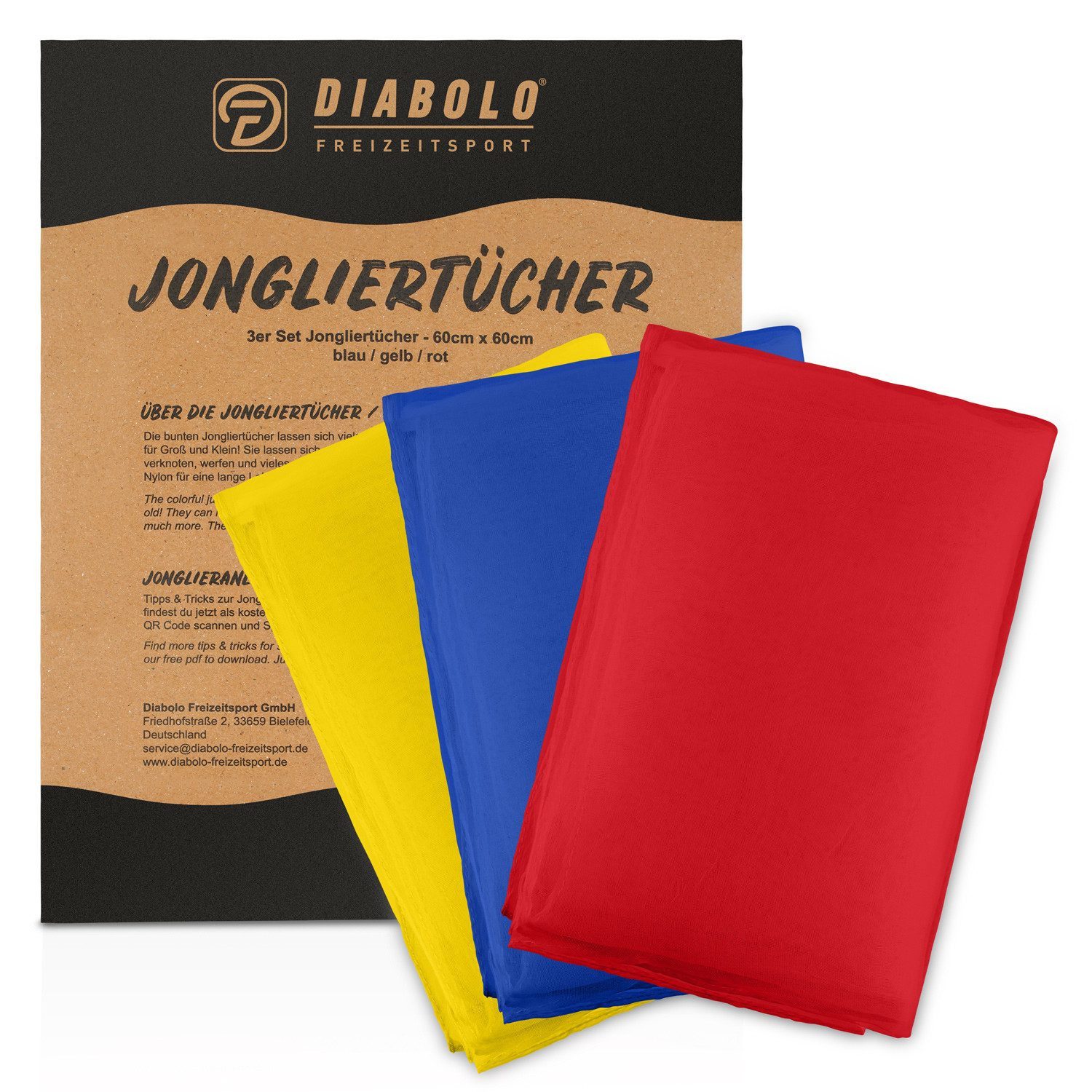 Diabolo Freizeitsport Jonglierball Jongliertücher 60cm (3er, 5er, 6er oder 12er Set) (Diabolo Jongliertücher 3er Set 60cm für Kinder & Anfänger, 3-St., Bunte Juggling Scarves 60x60cm für Schule Kita & Motorik), für Jongliereinsteiger - auch bestens geeignet für viele Gruppenspiele