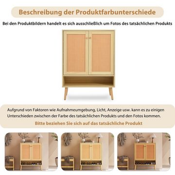 OKWISH Schuhschrank Kommode (aus natürlichem Rattan mit 2 Türen und 5 Regalböden, Massivholzbeinen)