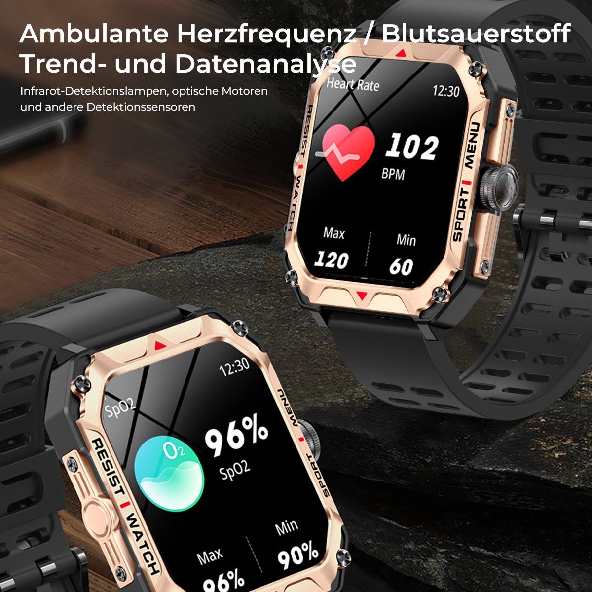 Herren (2.02 Sportuhr Smartwatch 2,02” Outdoor IP68 Touchscreen Schlafmonito Zoll), Fitness Telefonfunktion mit Damen Tracker, Smartwatch Gold Wasserdicht 7Magic