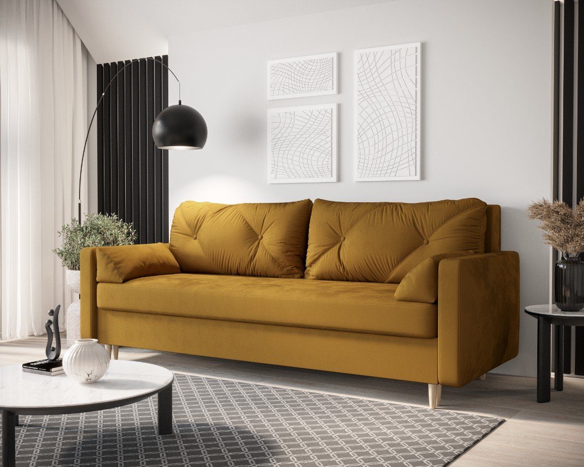 pressiode Sofa Schlafsofa, SOFA, COUCH mit Senffarbe Schlaffunktion Bettkasten ASTRA und