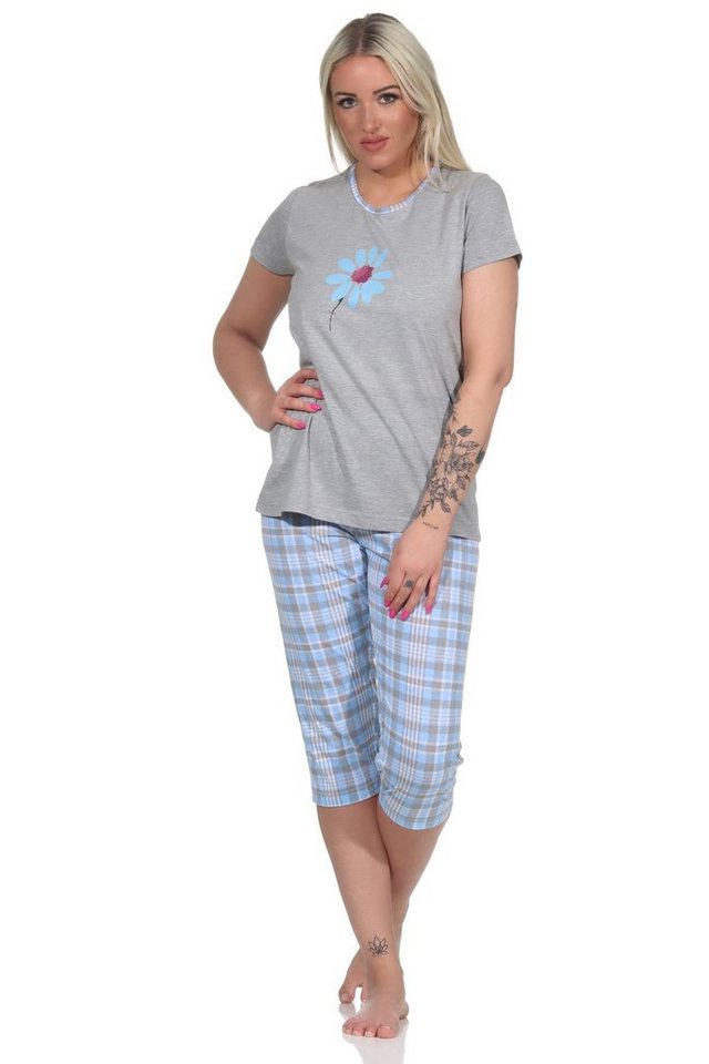 Normann Pyjama Damen Capri Schlafanzug Pyjama mit Front-Print und Karo  Caprihose