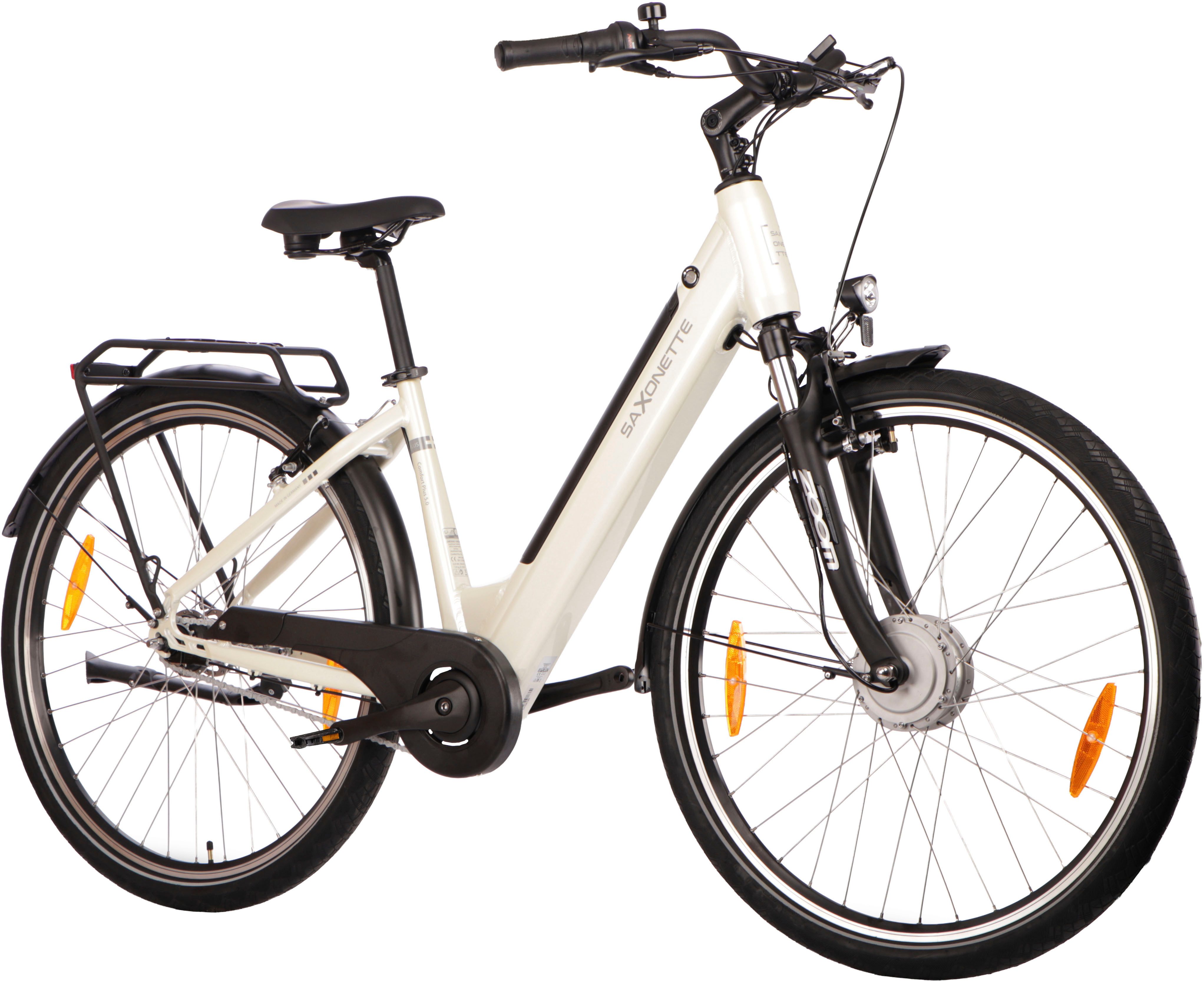 SAXONETTE E-Bike Cityrad SAXONETTE Comfort Plus 5.0 E-Bike Damen 28 Zoll, 7 Gang Shimano Nexus 7 Gänge Schaltwerk, Nabenschaltung, Frontmotor, 468 Wh, (Packung), (mit integr. Akku), Elektrofahrrad für Alltag und Einkauf