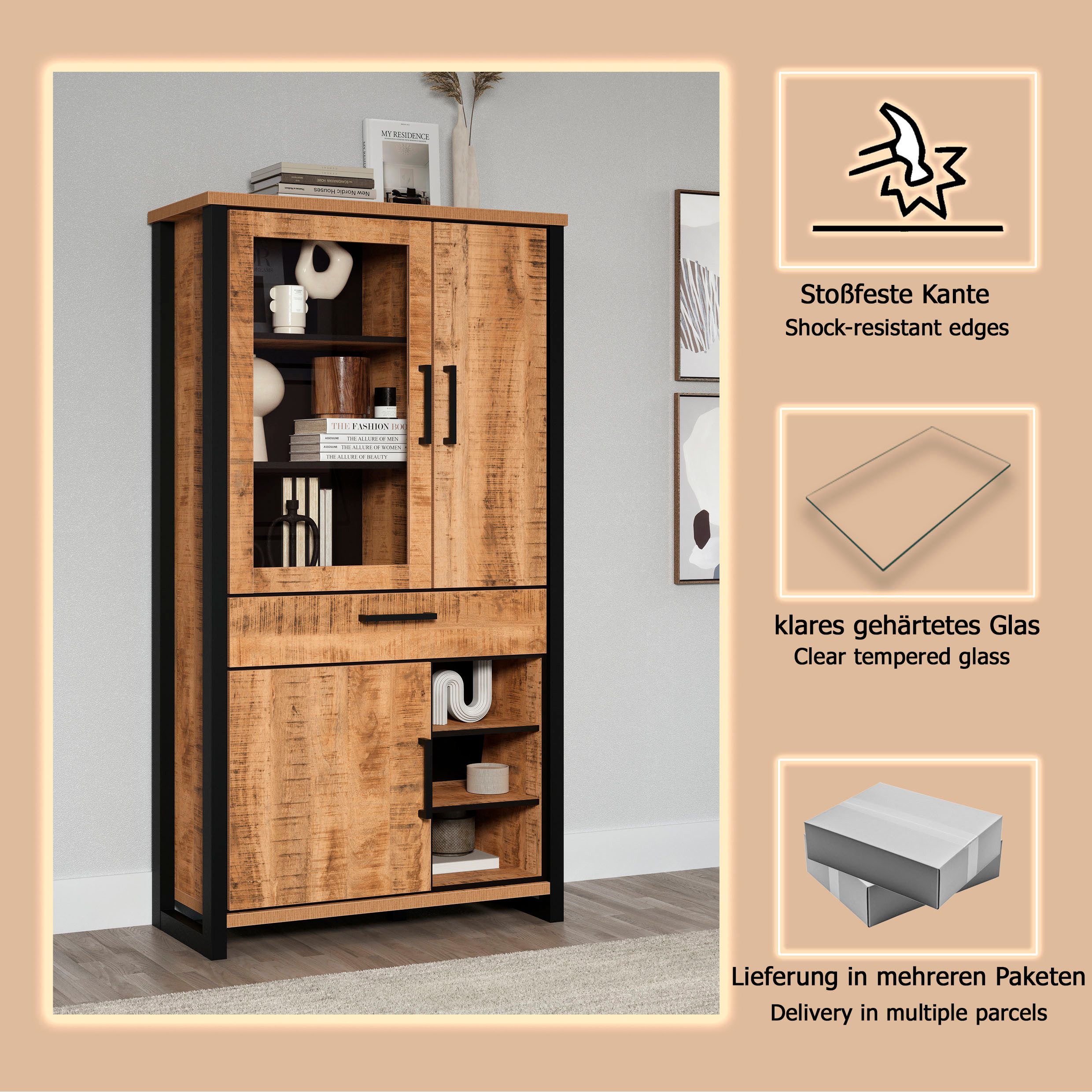 Home affaire Vitrine Elda (1-St) Vitrine mit 3 Türen & 1 Vollauszug Schublade - (B/T/H) 106/45/195 cm