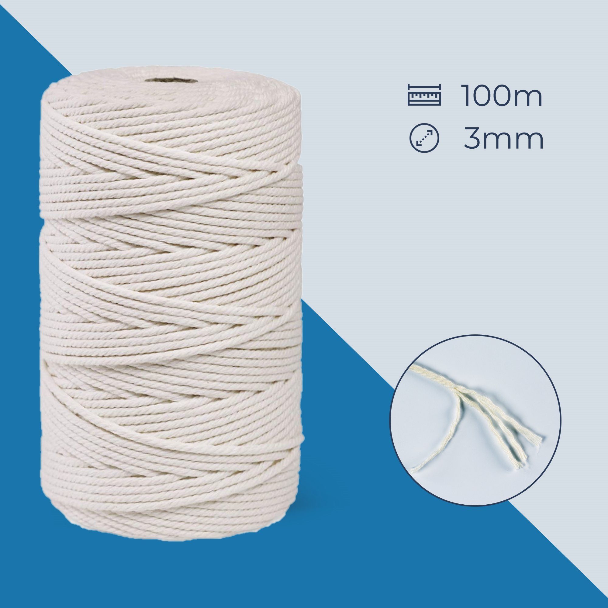 FadenWelt Makramee Garn 3mm x 100m, Baumwollgarn für DIY Handwerk Bastelgarn, 100,00 m (Baumwollschnur für Stricken, Baumwollseil für Wandbehänge und Pflanzen Aufhänger)