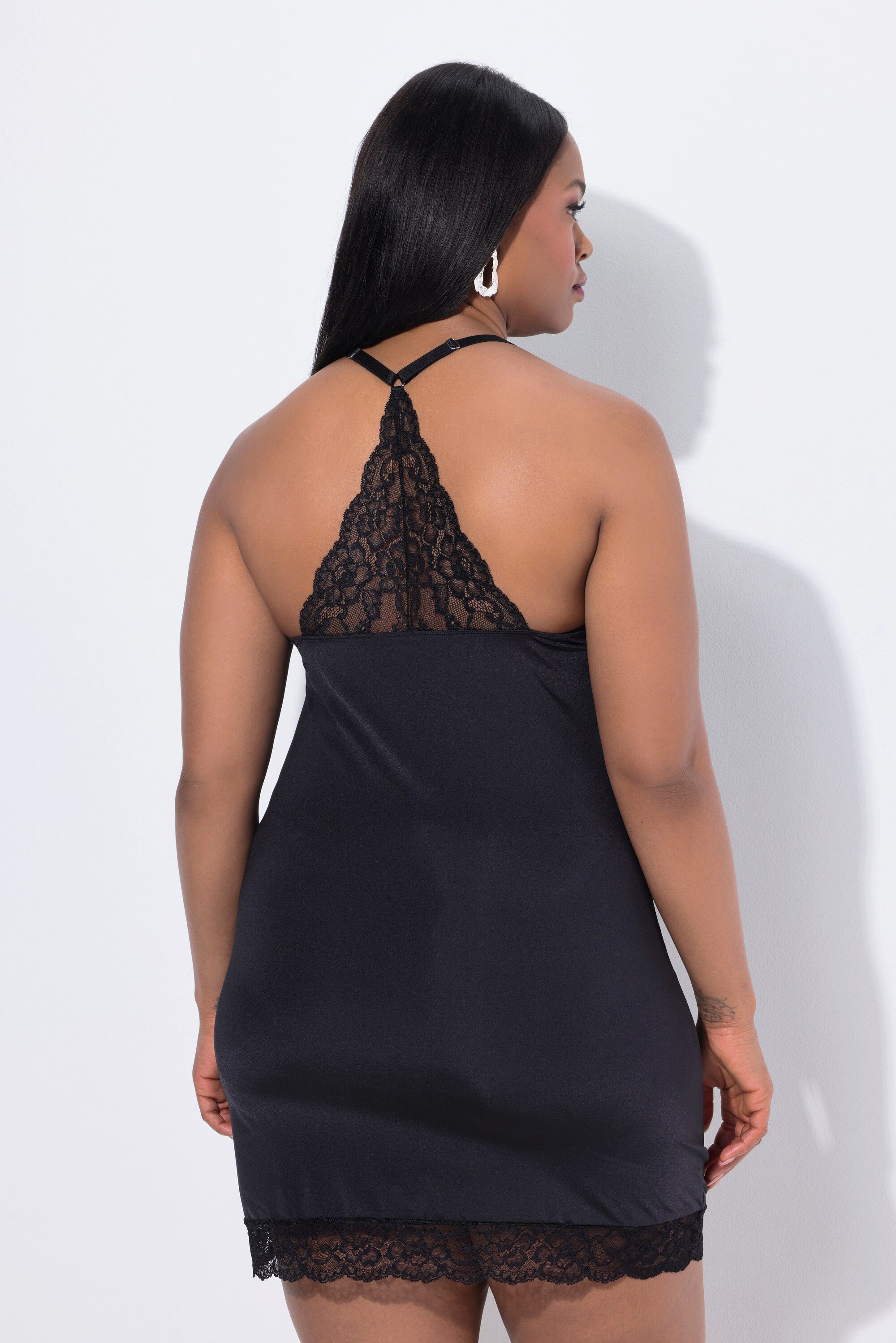 Ulla Popken Nachthemd TruYou Negligé Satin Spitze Racerback V-Ausschnitt