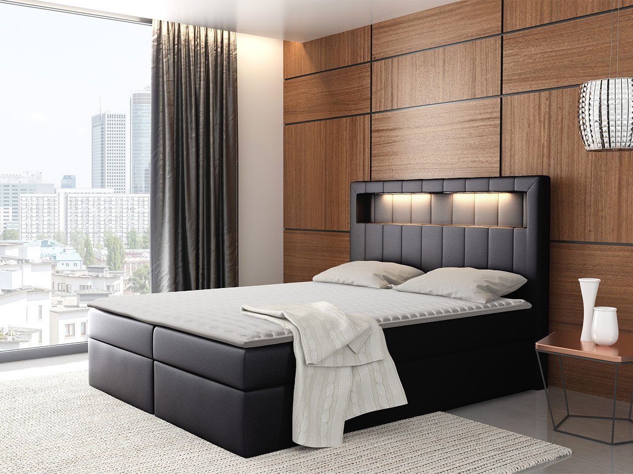 MIRJAN24 Boxspringbett Aspen (LED-Beleuchtung, Topper, Matratze, Kopfteil), im Standard mit zwei Bettkästen