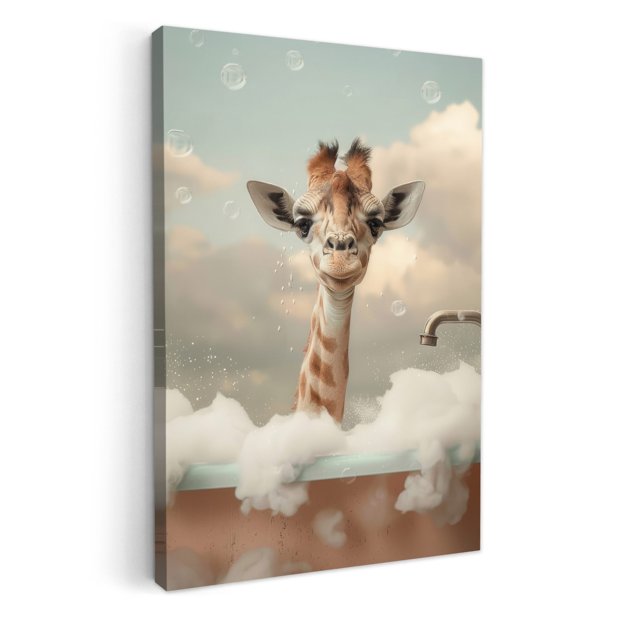 OneMillionCanvasses® Leinwandbild Giraffe - Tiere - Bad - Schaumstoff, Fotodruck (1 St), Badezimmer Deko, Bilder WC, Toilette Wanddeko 20x30 cm