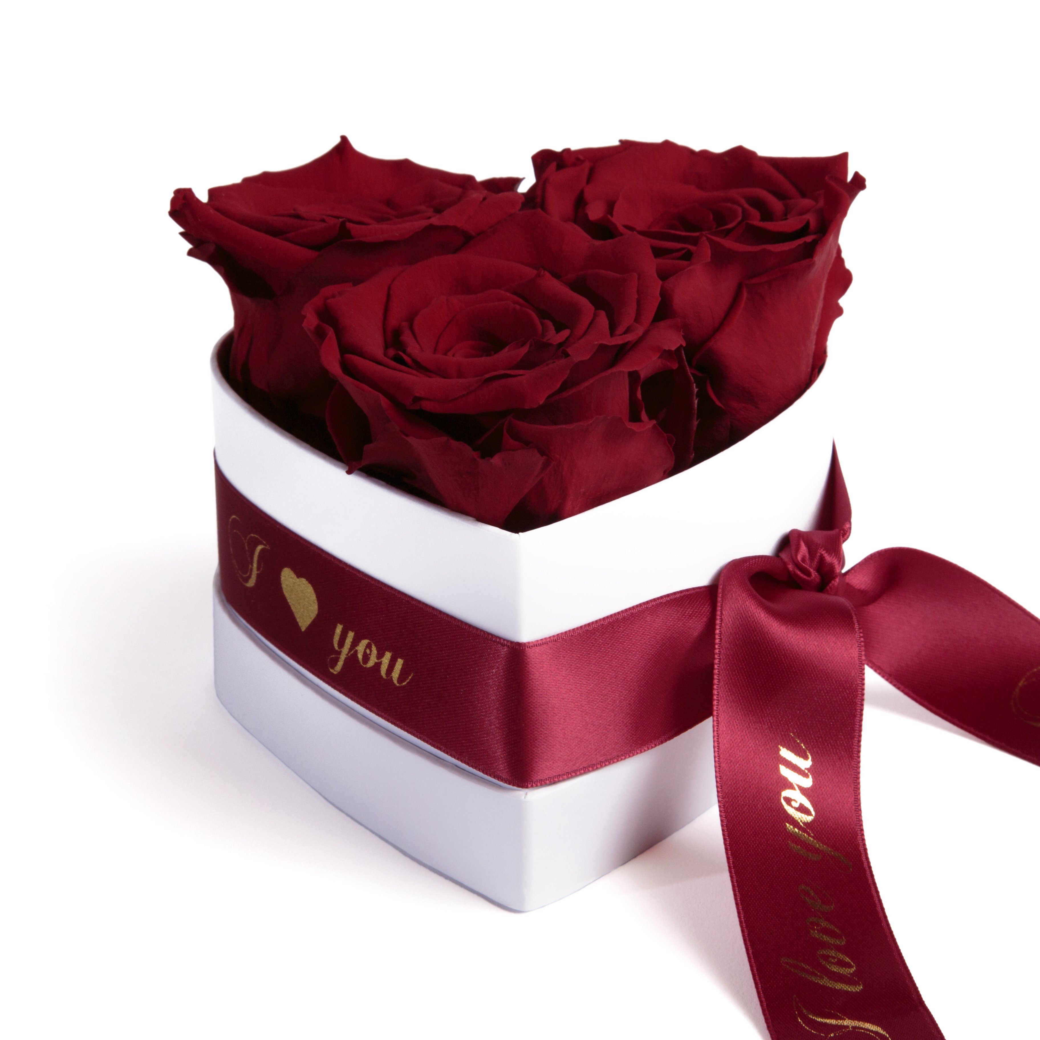 Kunstblume Rosenbox Herz 3 konservierte Infinity Rosen in Box I Love You Rose, ROSEMARIE SCHULZ Heidelberg, Höhe 8.5 cm, Valentinstag Geschenk für Sie Burgundy