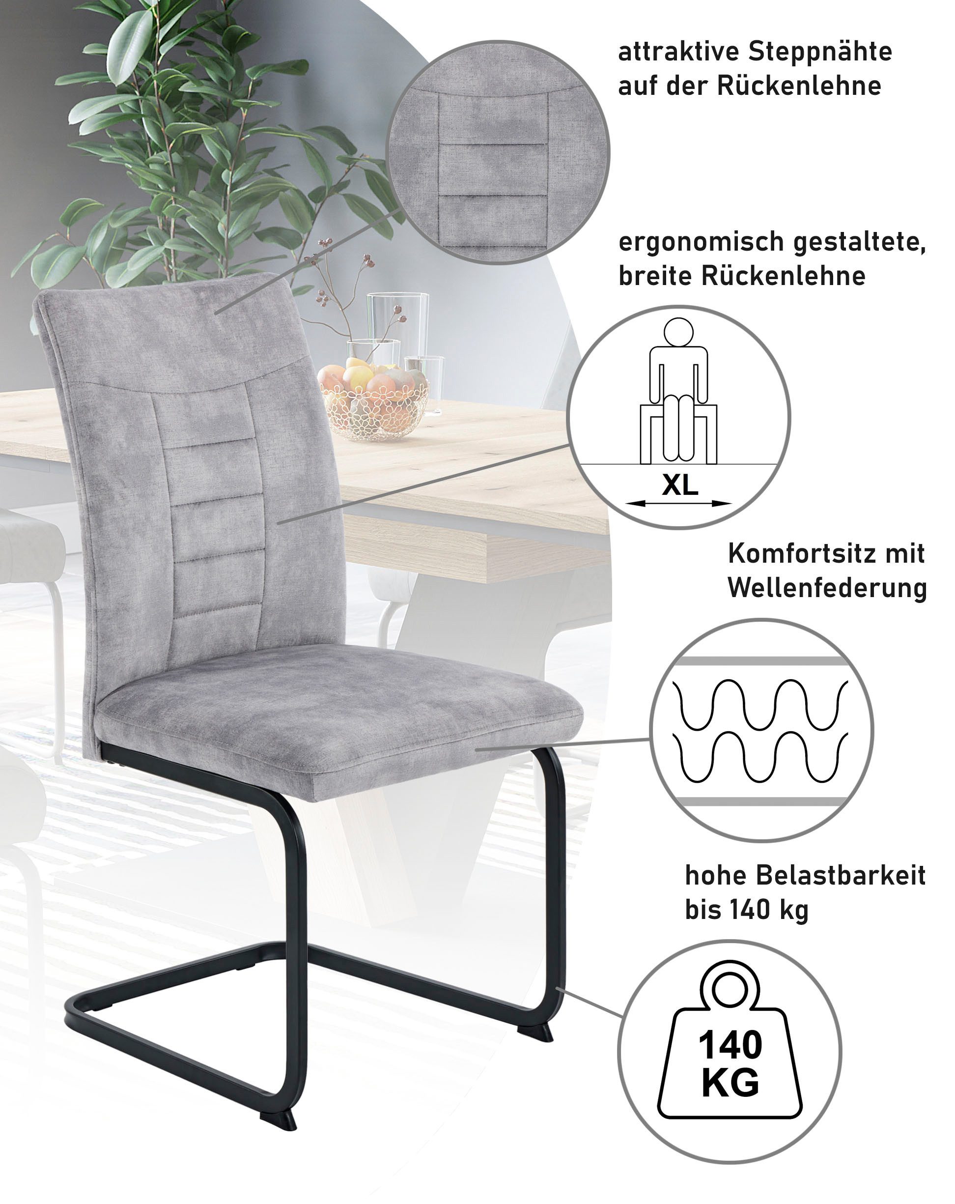 HELA Freischwinger GELA (Set, 4 St), XL, Wellenfederung, Komfortsitz, Vintage Optik, 140kg belastbar