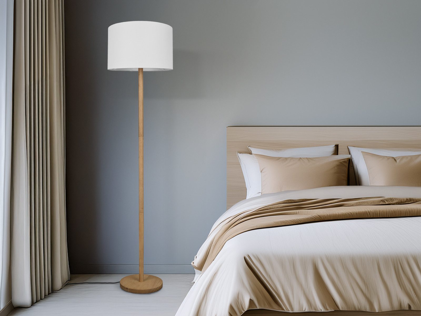 TRIO Leuchten LED Stehlampe, Dimmfunktion, LED wechselbar, Warmweiß, Holz-Lampe skandinavisch mit Stoff Lampenschirm für Ecke, Höhe 160cm