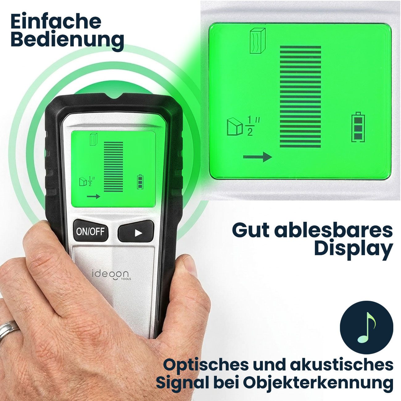 shop'n smile ideoon Leitungsortungsgerät Wandscanner & Ortungsgerät 5-in-1 mit Display & Warnsignal, Ortung von Metall, Strom & Holz, 140 g, 16,4 x 7,5 x 3,4 cm – Bild 5 von 5