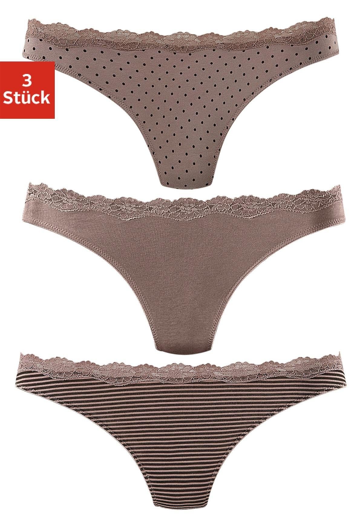 LASCANA String (3er-Pack) aus elastischer Baumwolle mit zarter Spitze