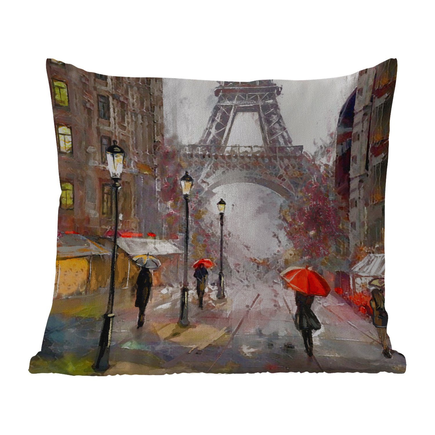 MuchoWow Dekokissen Gemälde - Paris - Eiffelturm - Regenschirm - Ölgemälde, Kissenbezüge, Kissenhülle, Dekokissen, Dekokissenbezug, Outdoor