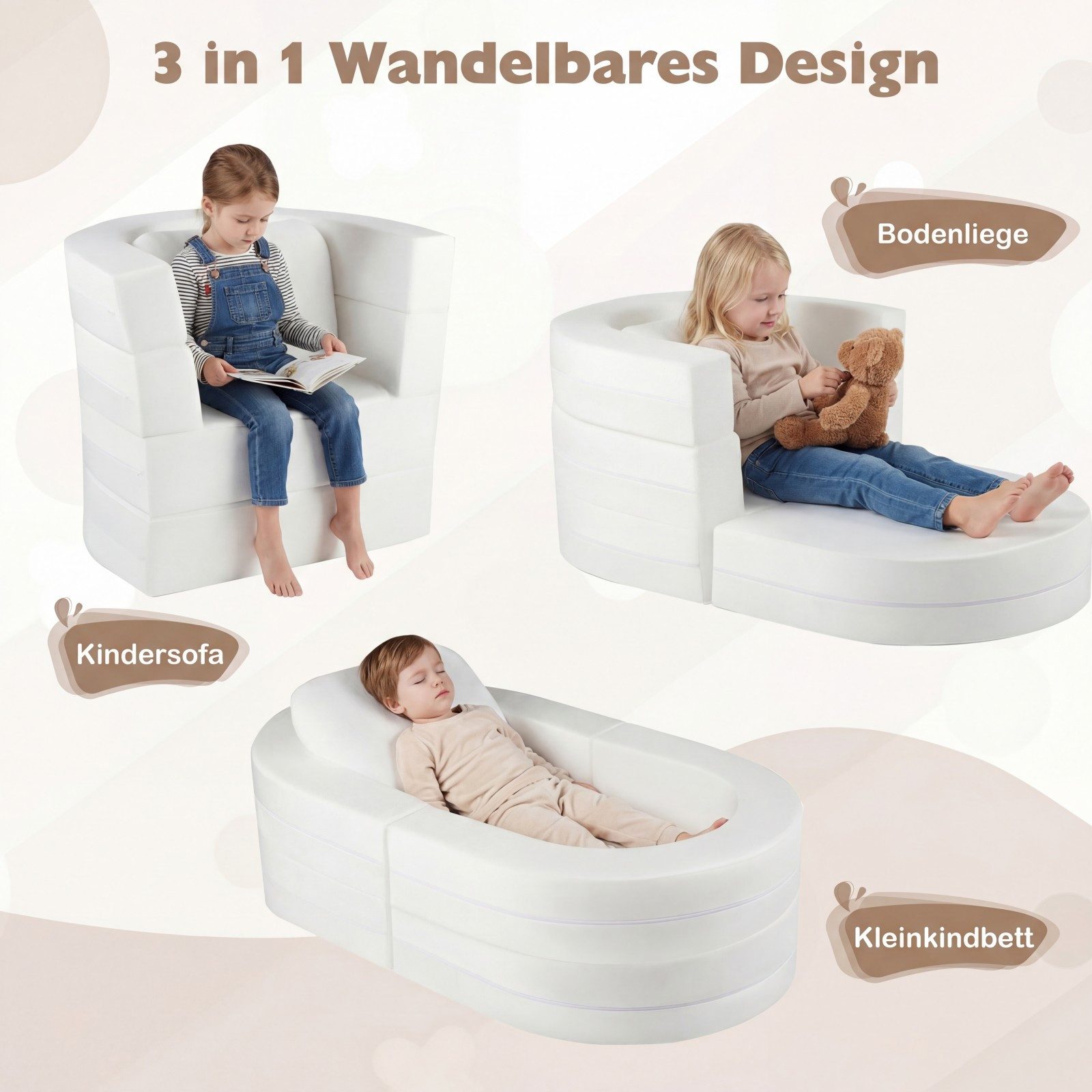 COSTWAY Kindersofa, 3 in 1, ausklappbar Spielsofa mit Schlaffunktion, Kissen Weiß