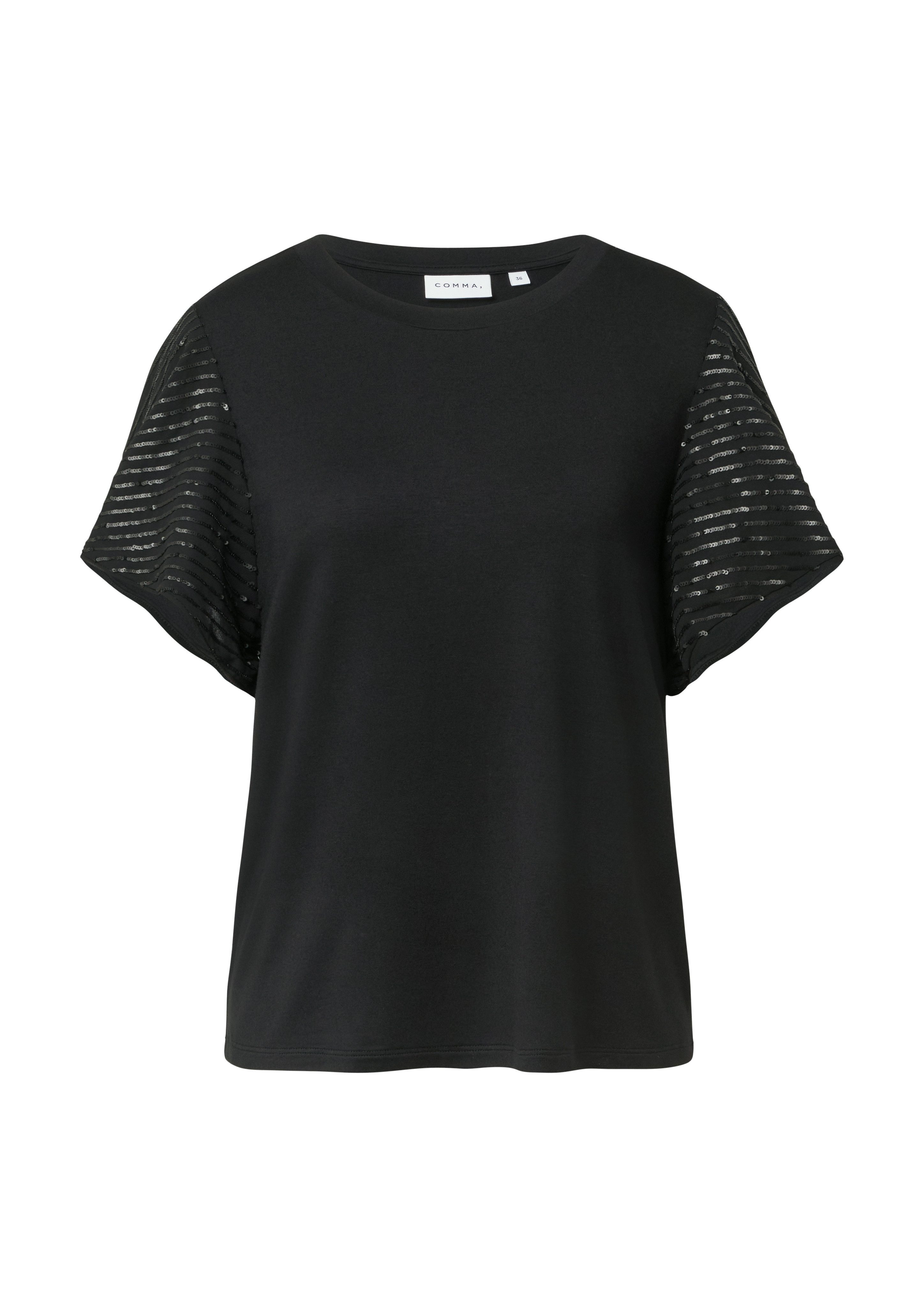 comma Rundhalsshirt mit Pailletenbesatz an den Ärmeln