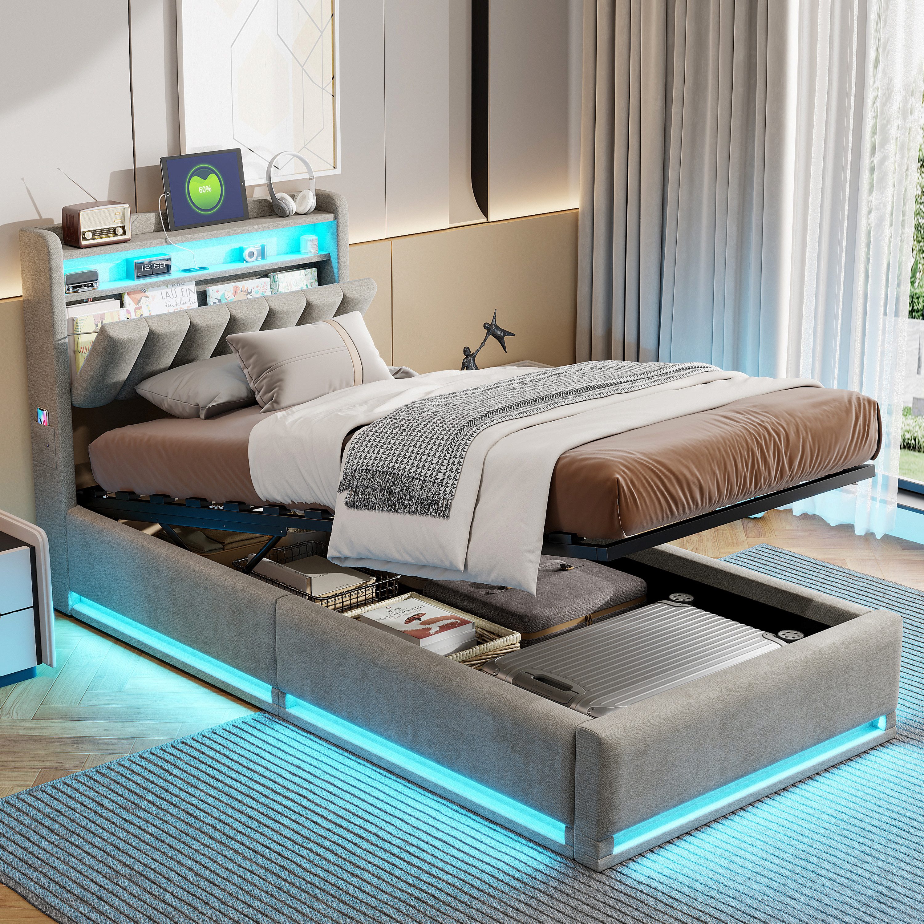 ADWOLT Polsterbett Einzelbett Jugendbett mit LED-Lichtleisten, hydraulischem Stauraumbett Kinderbett 90x200cm mit USB,Samt,Grau