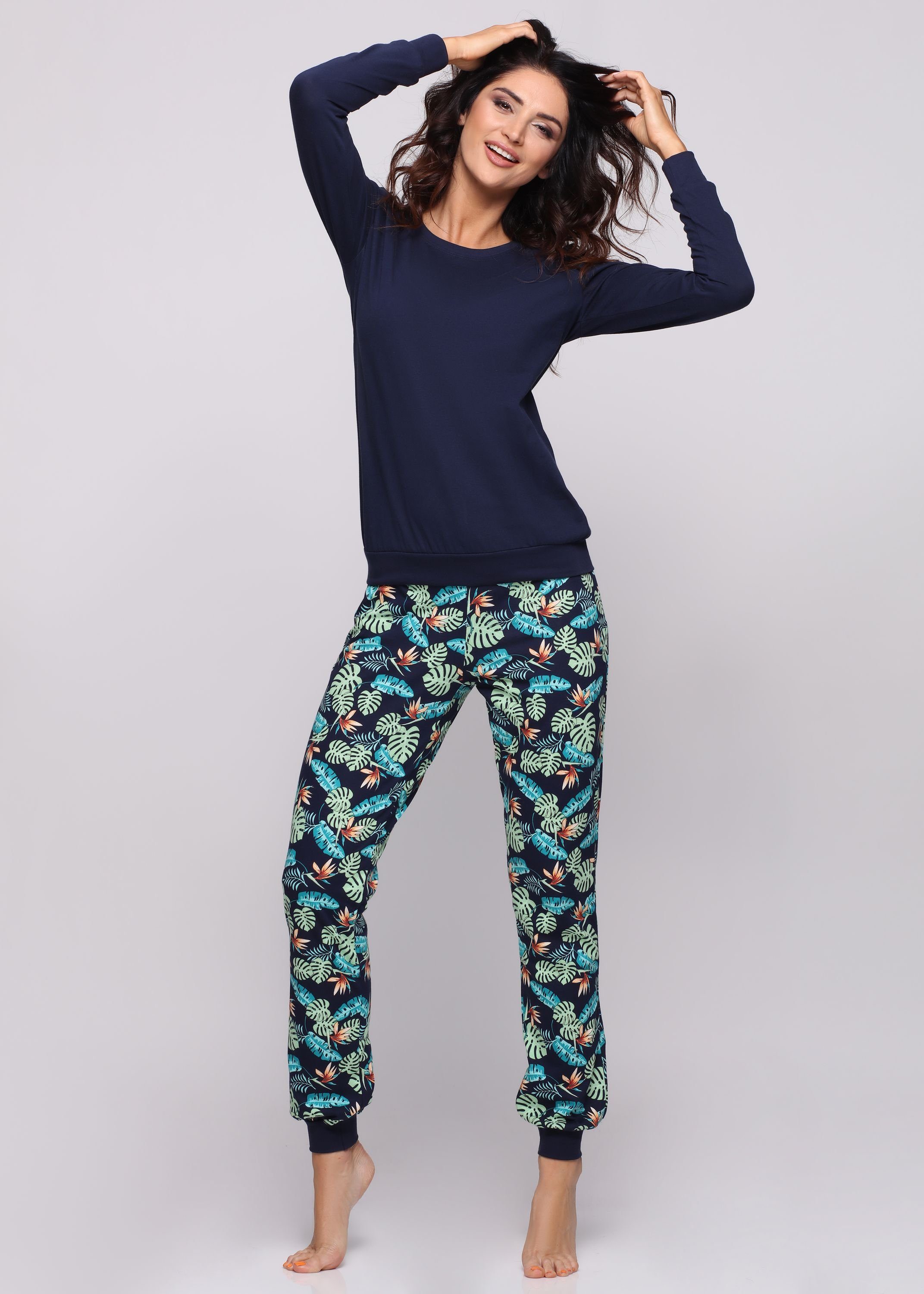 Zweiteiler Schlafanzug Pyjama mit Damen lang bunt Merry Muster Style Schlafanzug MS10-268 Marineblau/Blätter