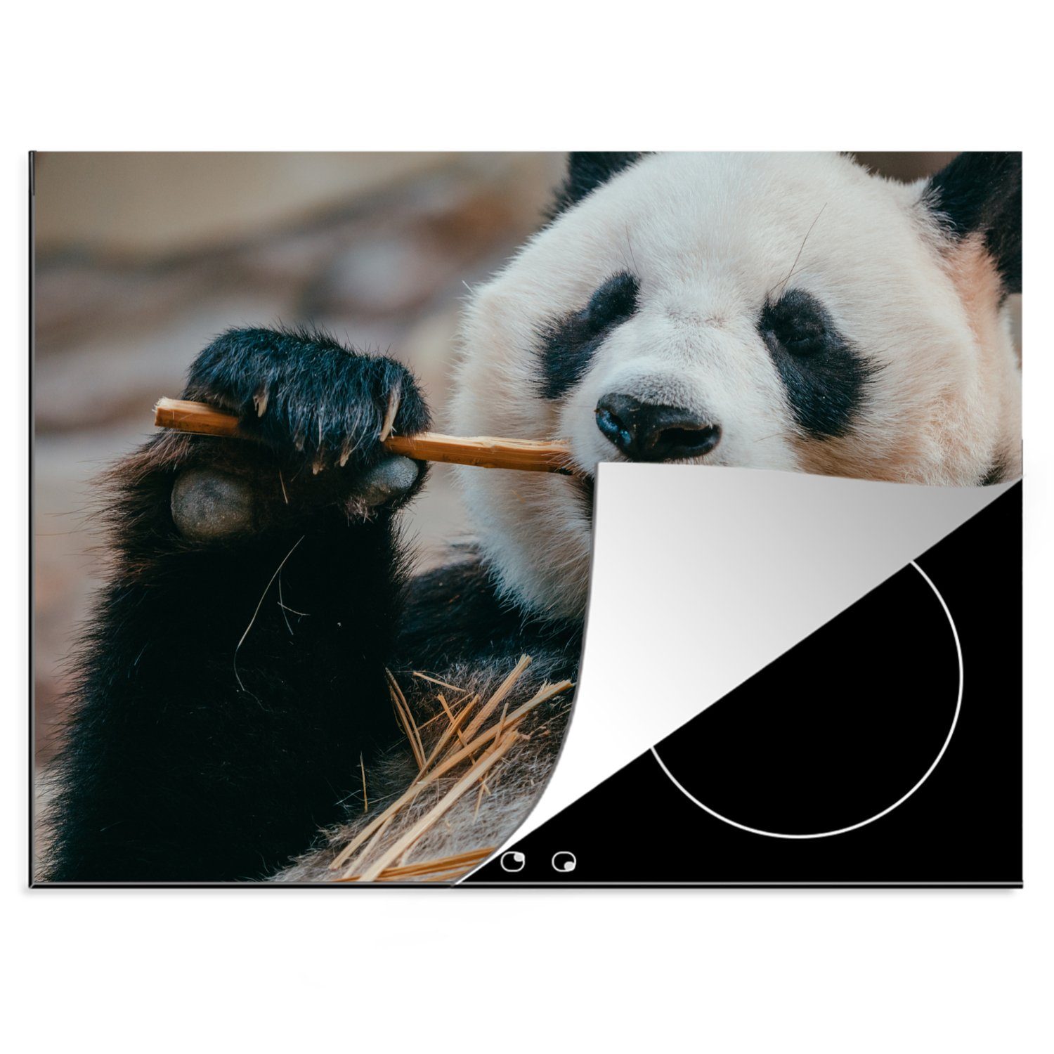 MuchoWow Herdblende-/Abdeckplatte Panda - Nahaufnahme - Bambus, Vinyl, (1 tlg), 70x52 cm, Mobile Arbeitsfläche nutzbar, Ceranfeldabdeckung