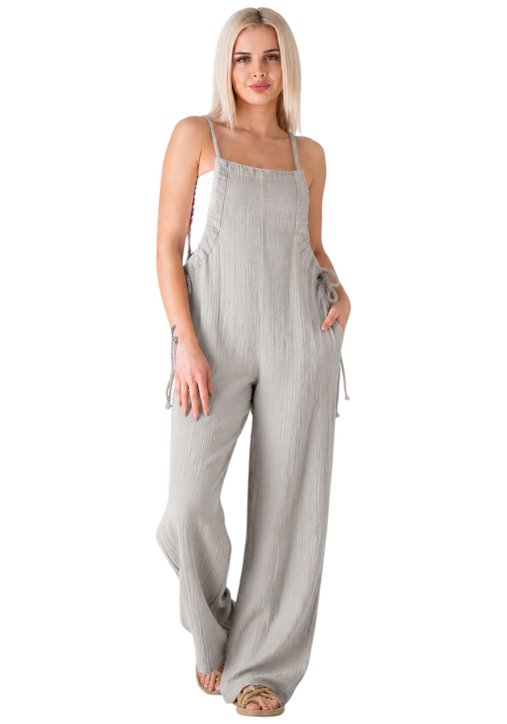 WENOR Latzhose Damen Jumpsuit Musselin mit Flechtträgern – locker & größenverstellbar Geflochtene, verstellbare Träger; weite Beinform