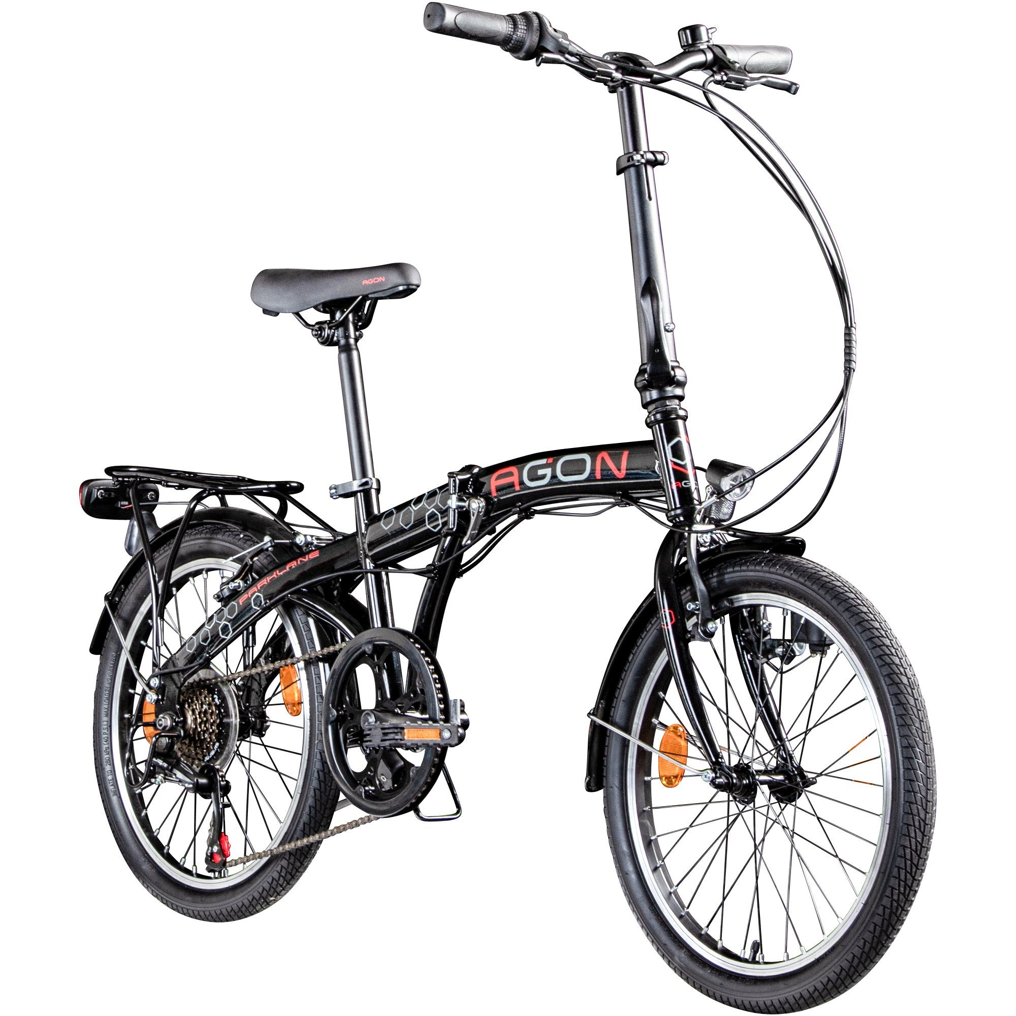 agon® Faltrad Parklane, 6 Gang Shimano Tourney Schaltwerk, Kettenschaltung, 20 Zoll Klapprad 150 - 185 cm mit StVZO Licht Faltrad City Urban Bike