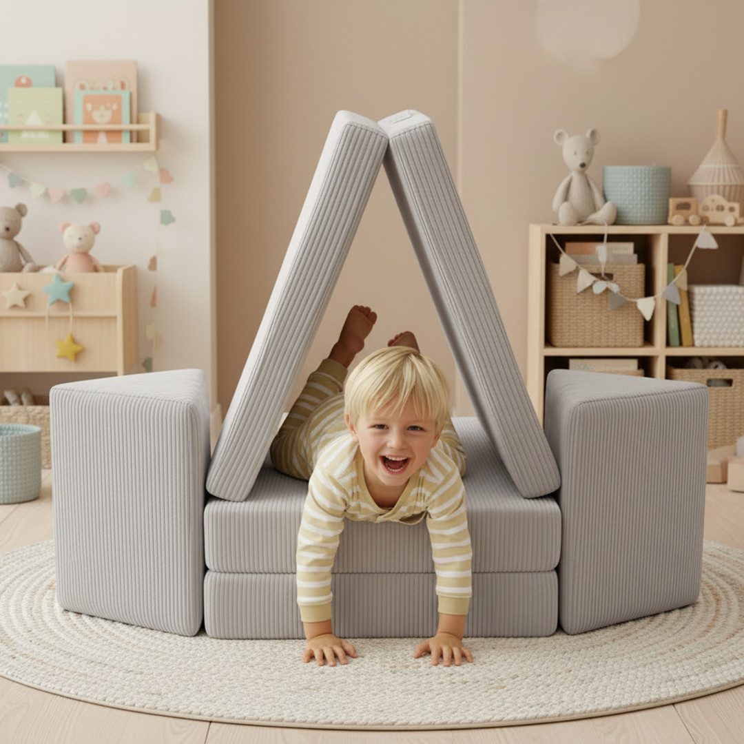 Bellabino Kindersofa Nile aus Schaumstoff Teilen, modulare Kindercouch aus Cord, Grau, Maxi-Variante, faltbare Kinderspielcouch, Cordbezug, abnehmbar, waschbar 160x52x75cm