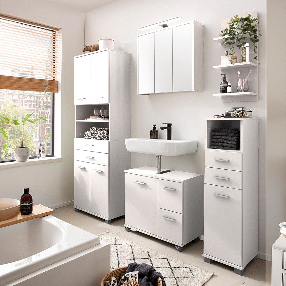 Lomadox Badmöbel-Set PROVIDENCE-80, (Spar-Set, 5-St., Hochschrank Spiegelschrank Waschbeckenschrank Badregal Midischrank), Badezimmer in weiß matt, modern, Made in Germany