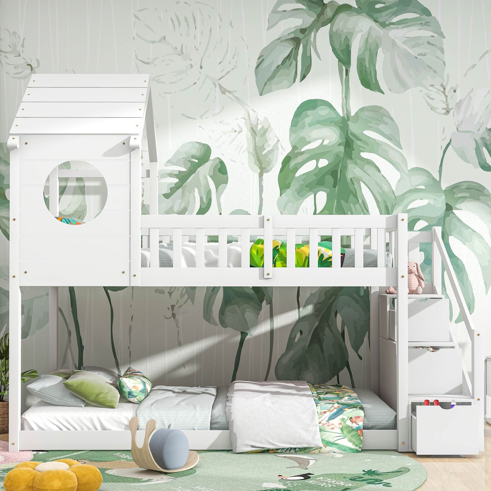 WISHDOR Etagenbett Doppelbett, Kinderbett in Hausform (90 x 200 cm, ohne Matratze, weiß), Kiefernholz Haus Bett for Kids