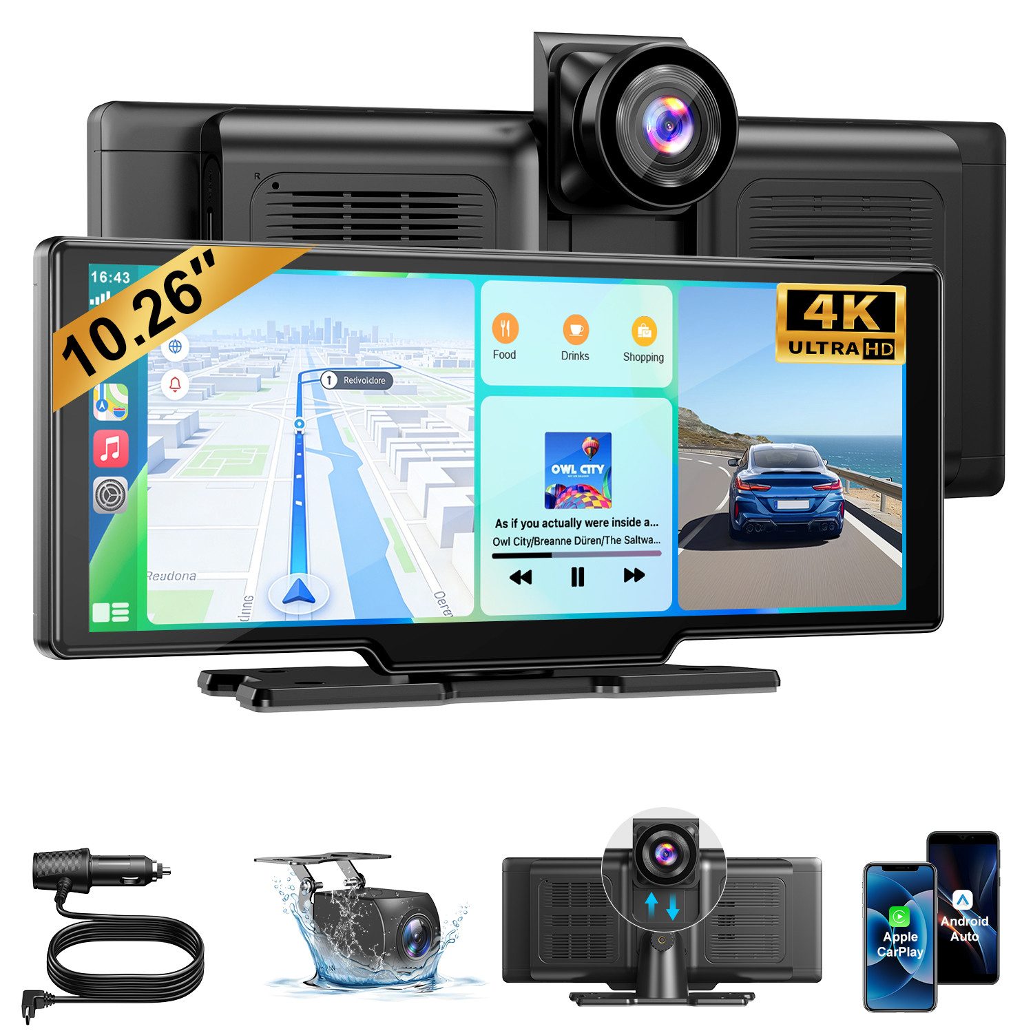 ESSGOO 4K 10.26'' Wireles Carplay Android Auto AutoRadio GPS Bluetooth5.0 DVR Navigationsgerät (64GB Rom TF Card WiFi,4K-Frontkamera/10.26" IPS Bildschirm(1600*600)